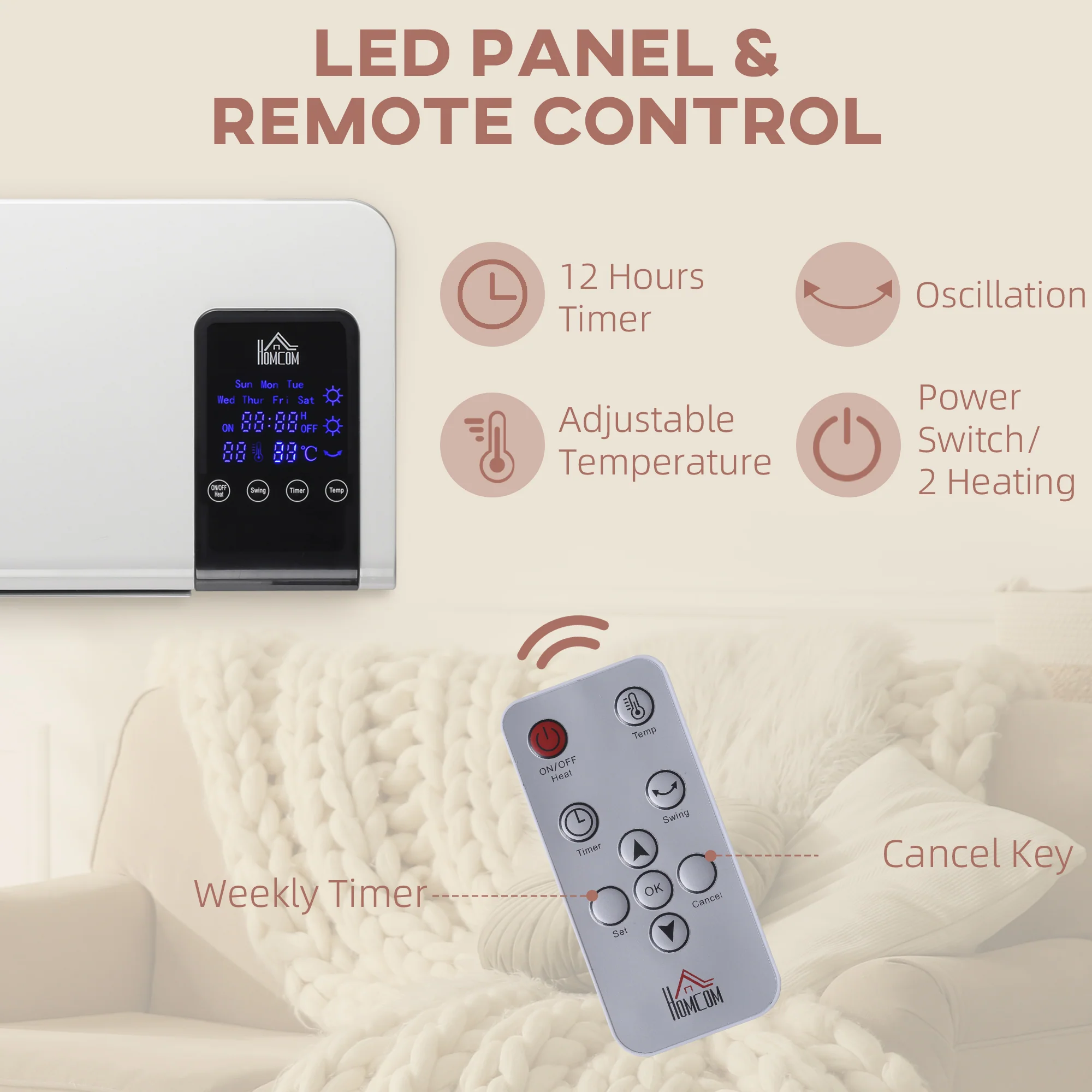 HOMCOM 2000W Wall Mounted Ceramic Heater with Remote Control for Home White - Image 4