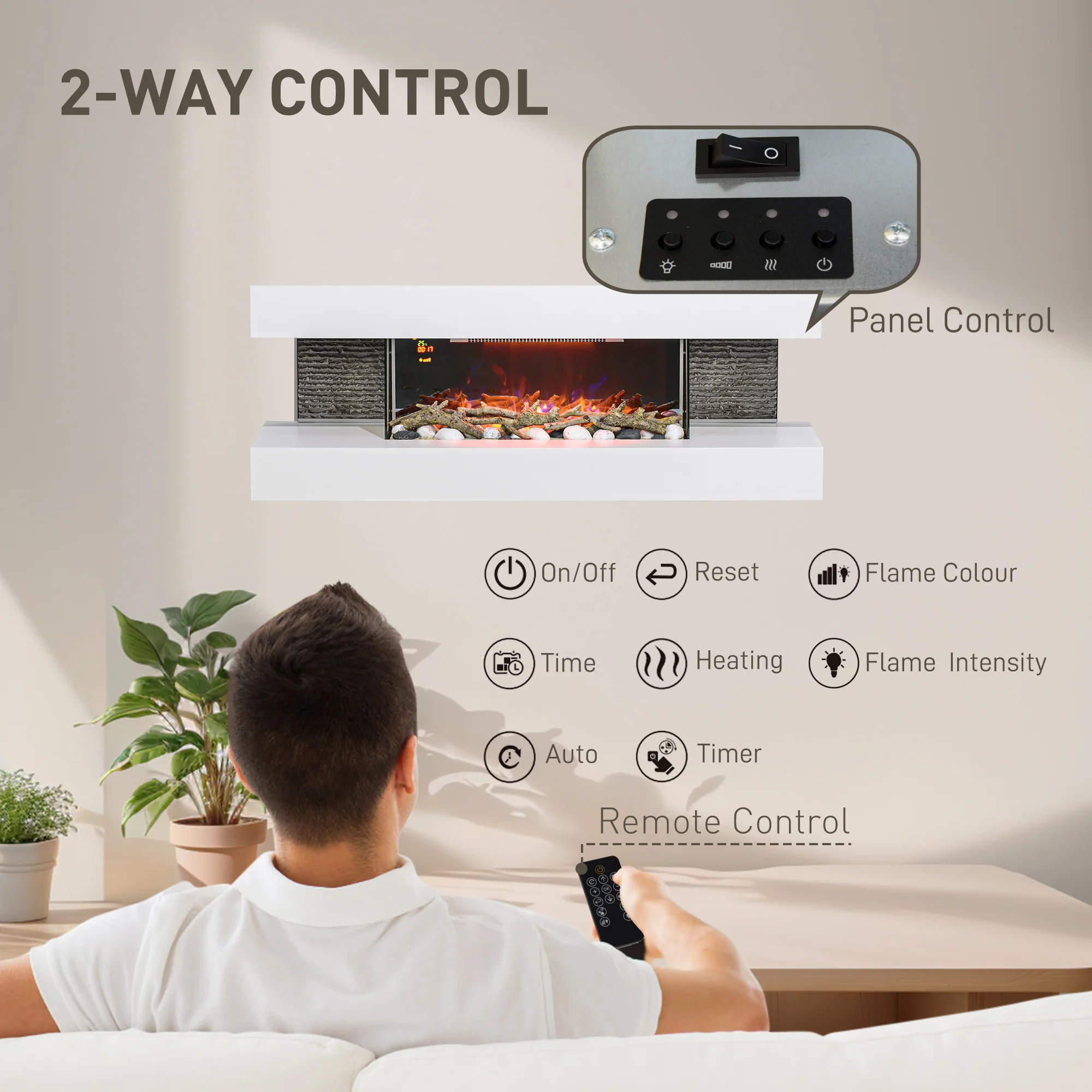HOMCOM 2000W Wall Mounted Electric Fireplace, Freestanding, 2000W, White - Image 14