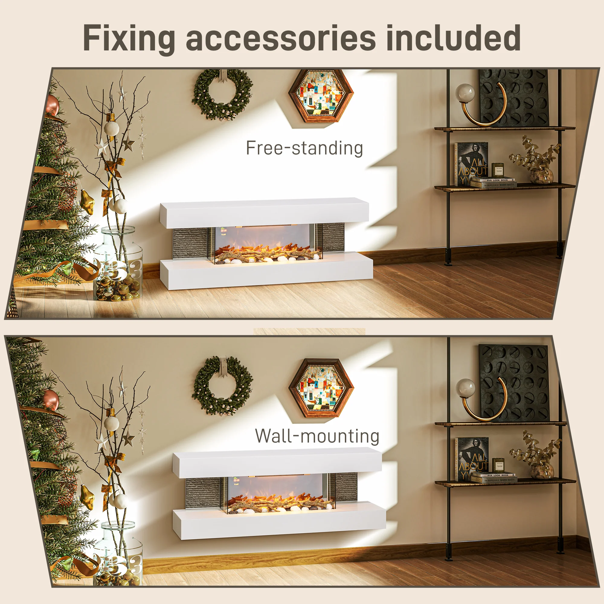 HOMCOM 2000W Wall Mounted Electric Fireplace, Freestanding, 2000W, White - Image 18