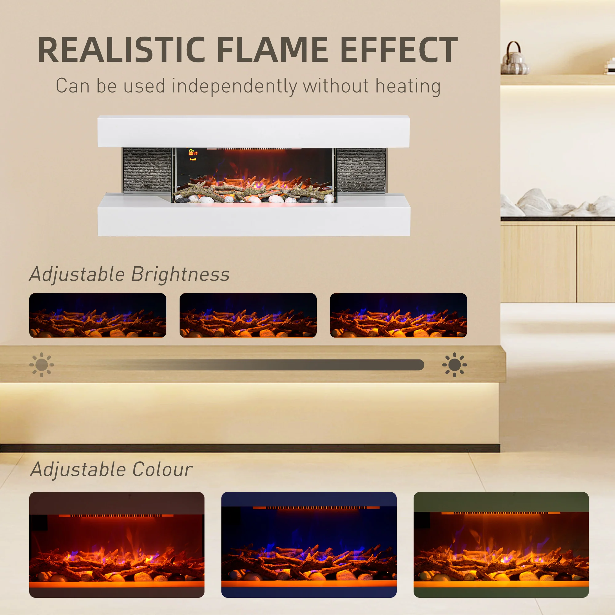 HOMCOM 2000W Wall Mounted Electric Fireplace, Freestanding, 2000W, White - Image 4