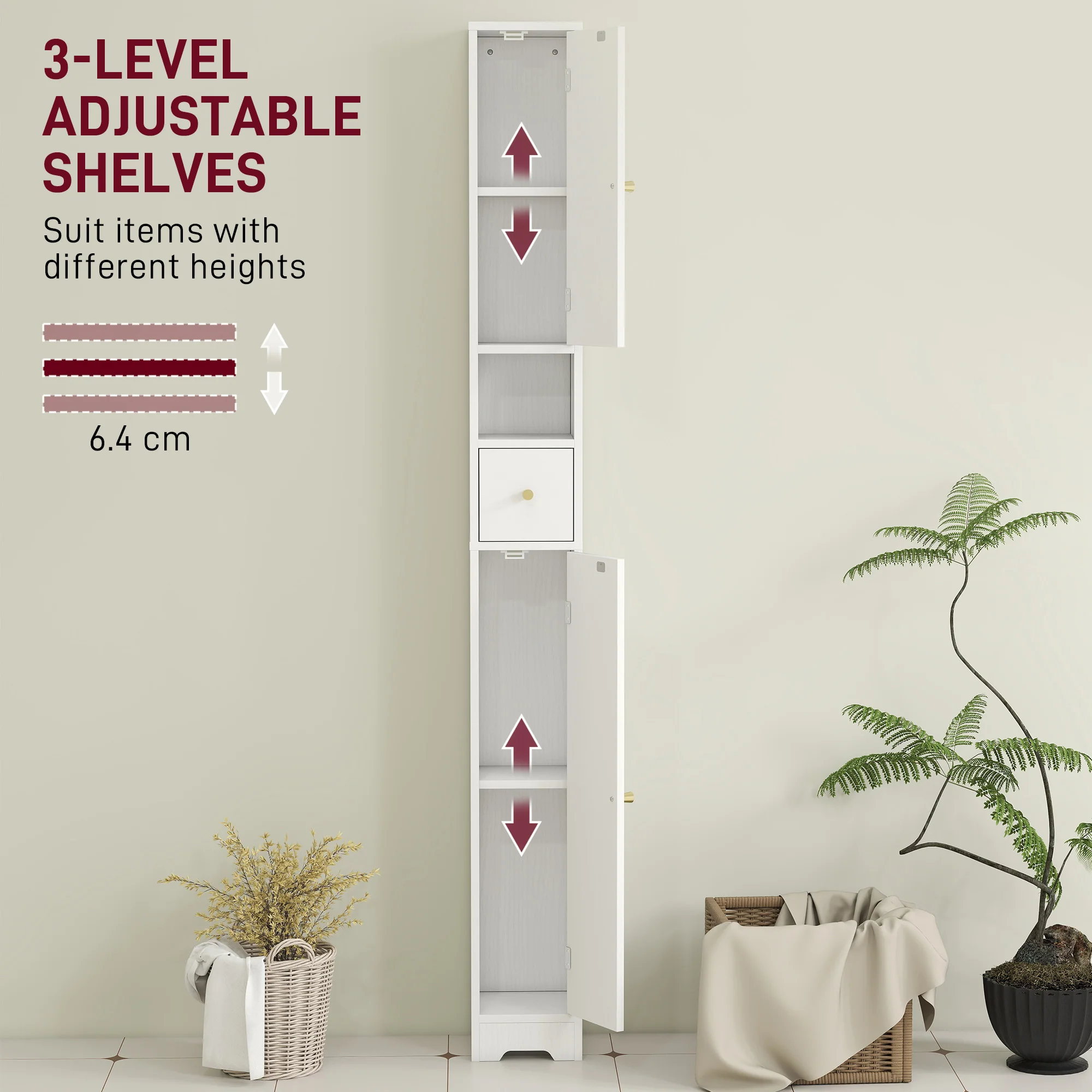 HOMCOM 20cm Slim Bathroom Storage Cabinet With Adjustable Shelves White - Image 4