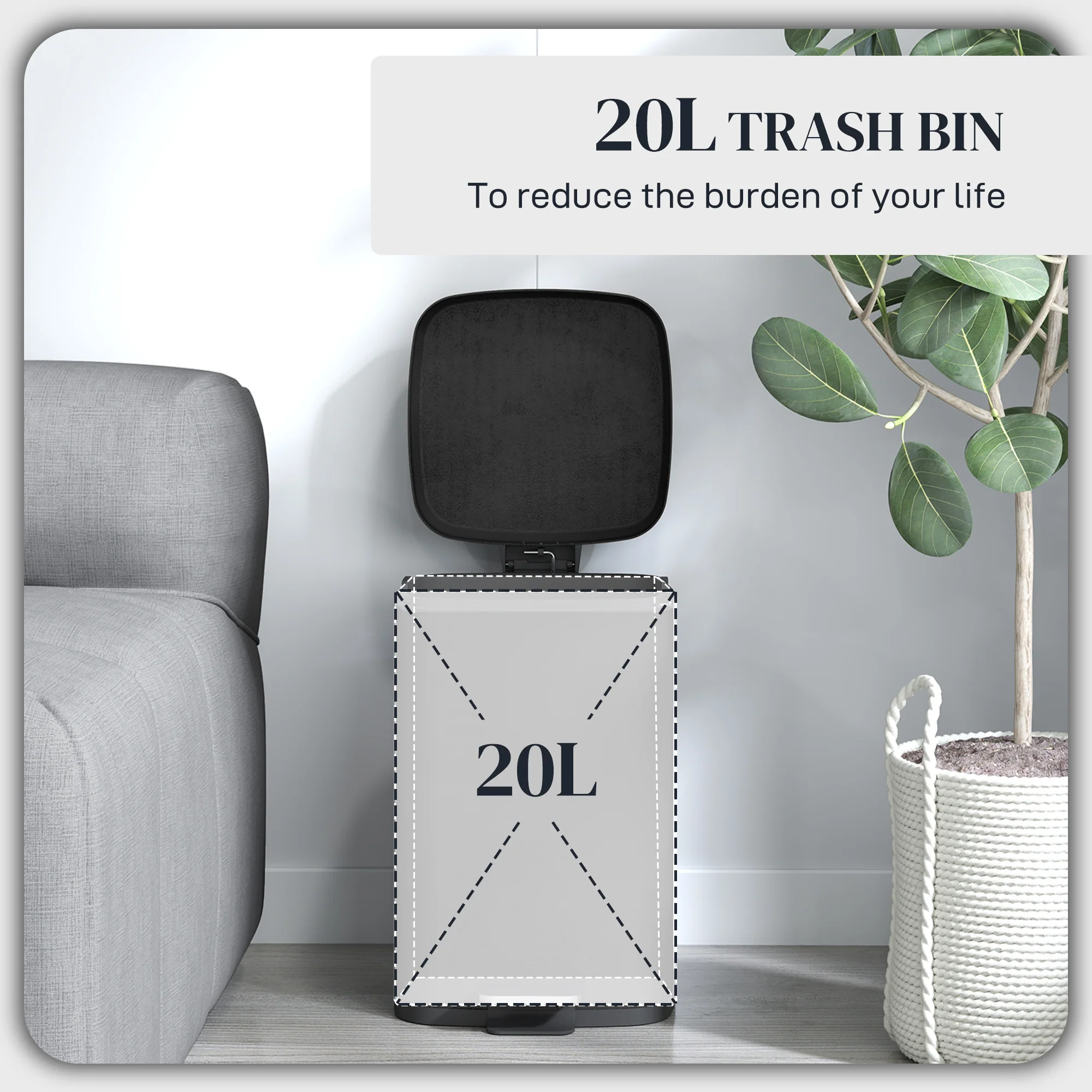HOMCOM 20L Kitchen Pedal Bin, Metal Rubbish Bin With Soft-close Lid - Image 3