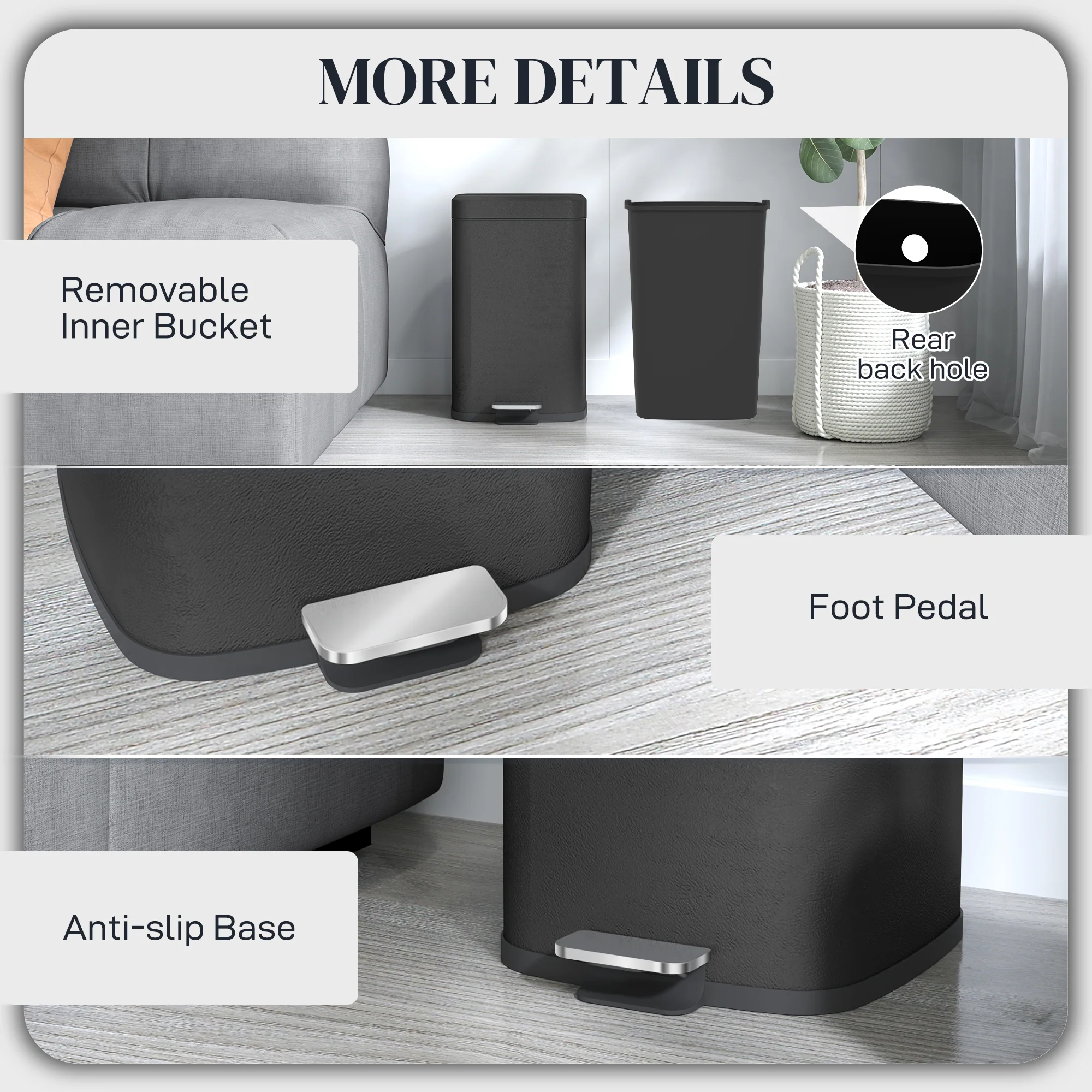 HOMCOM 20L Kitchen Pedal Bin, Metal Rubbish Bin With Soft-close Lid - Image 7