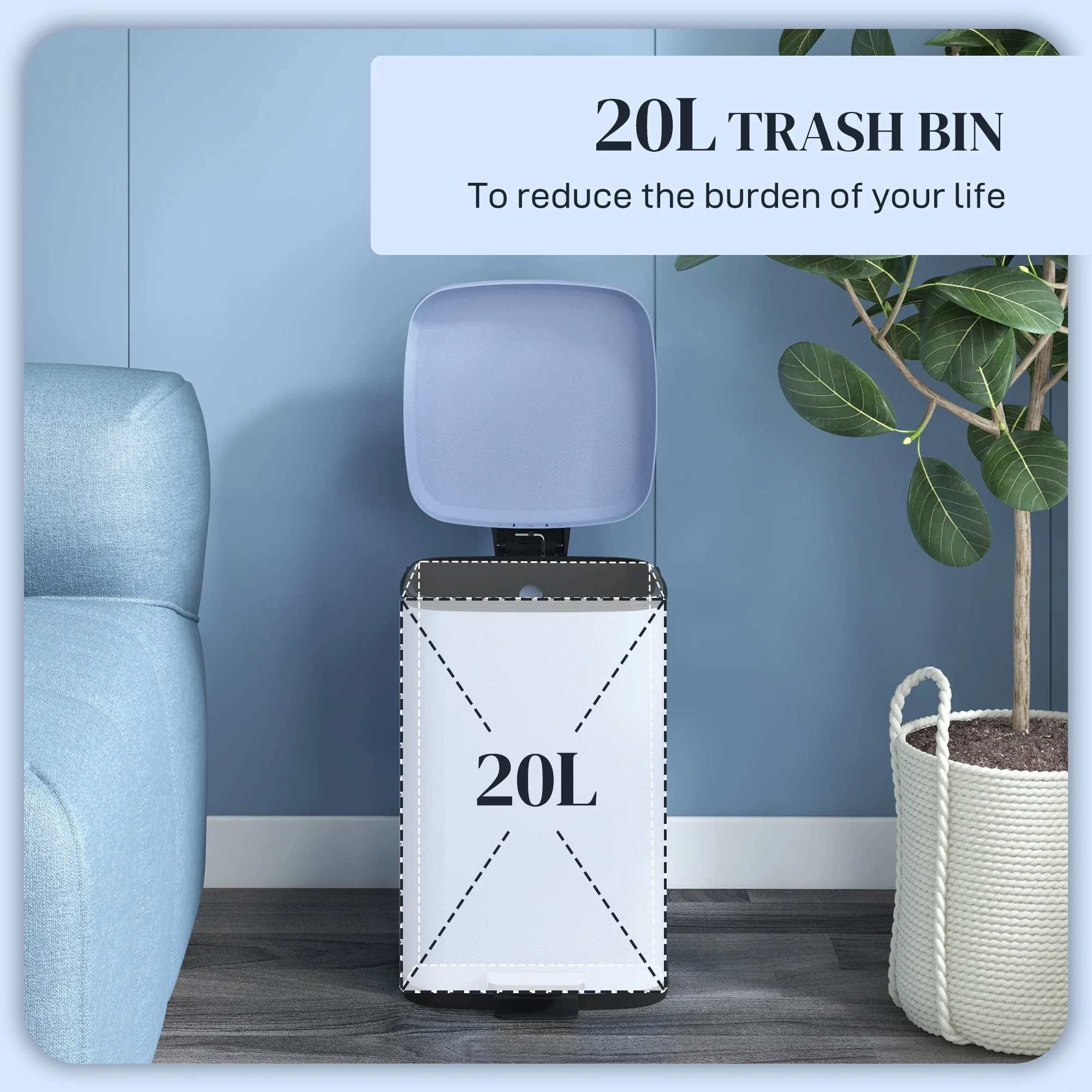 HOMCOM 20L Kitchen Pedal Bin, Metal Rubbish Bin With Soft-close Lid, Light Blue - Image 3