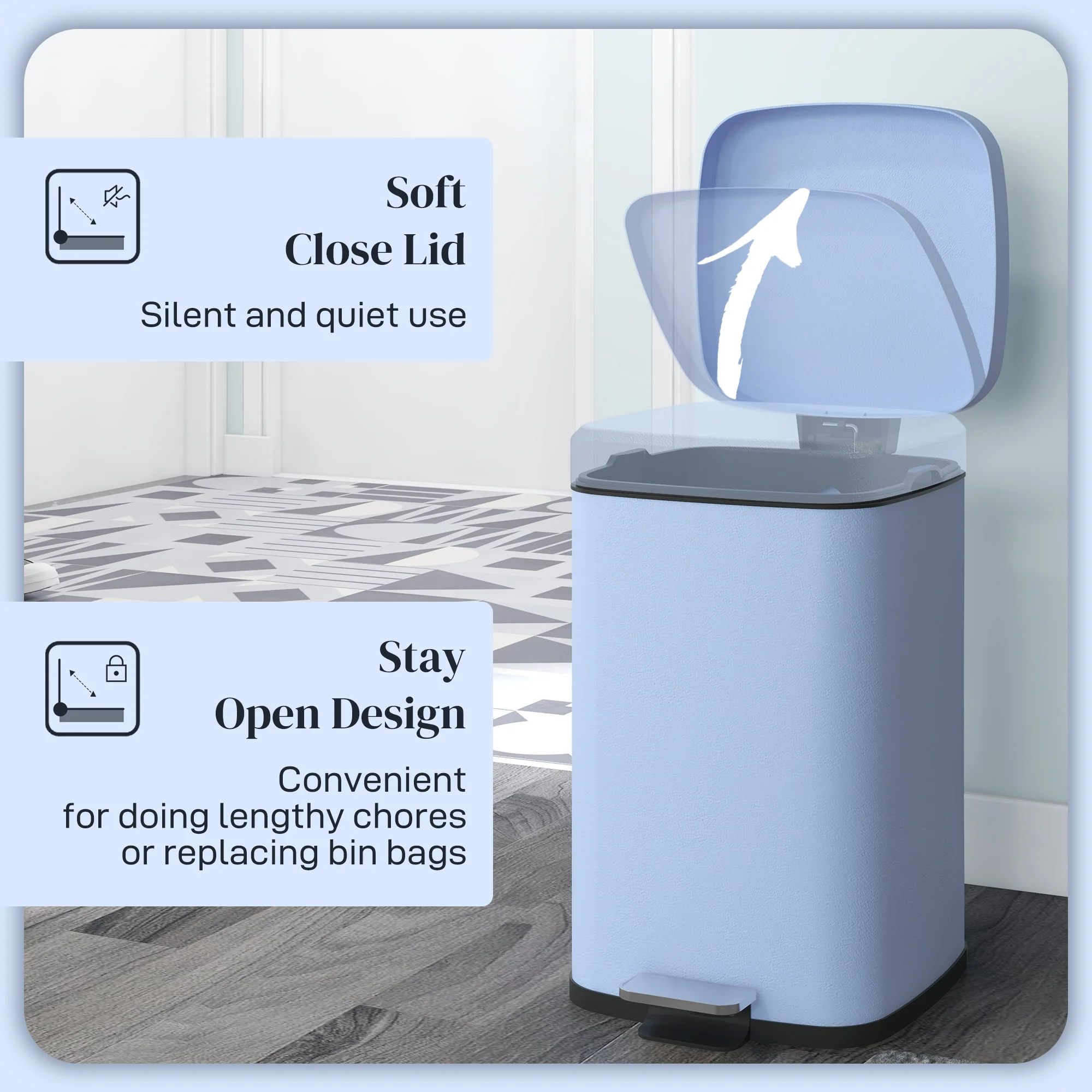 HOMCOM 20L Kitchen Pedal Bin, Metal Rubbish Bin With Soft-close Lid, Light Blue - Image 4