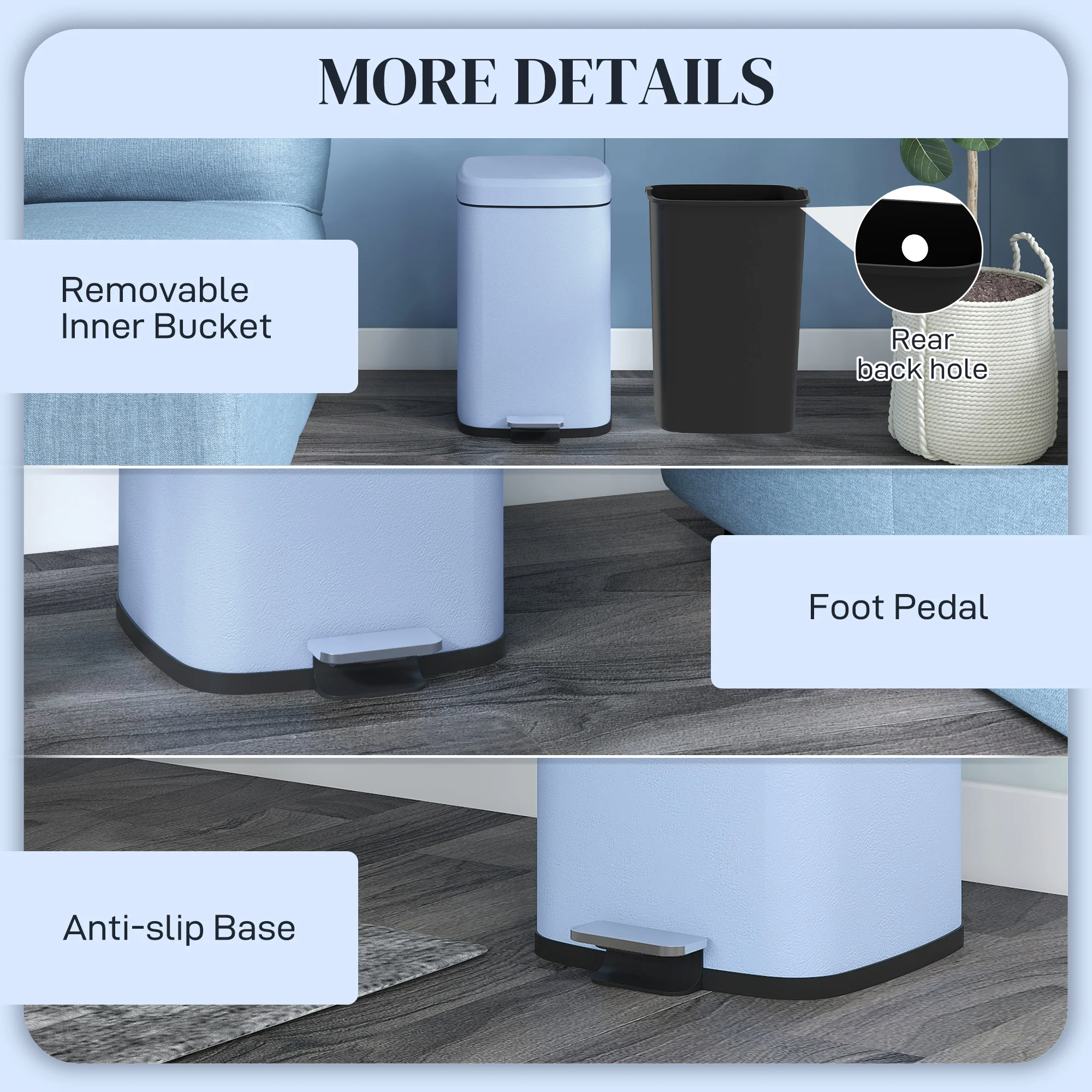 HOMCOM 20L Kitchen Pedal Bin, Metal Rubbish Bin With Soft-close Lid, Light Blue - Image 7