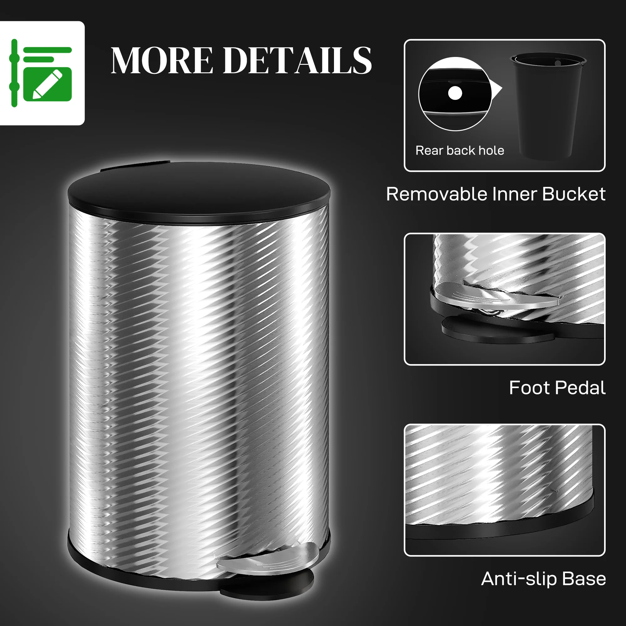 HOMCOM 20L Kitchen Pedal Bin, Stainless Steel Bin With Soft-close Lid, Silver - Image 7