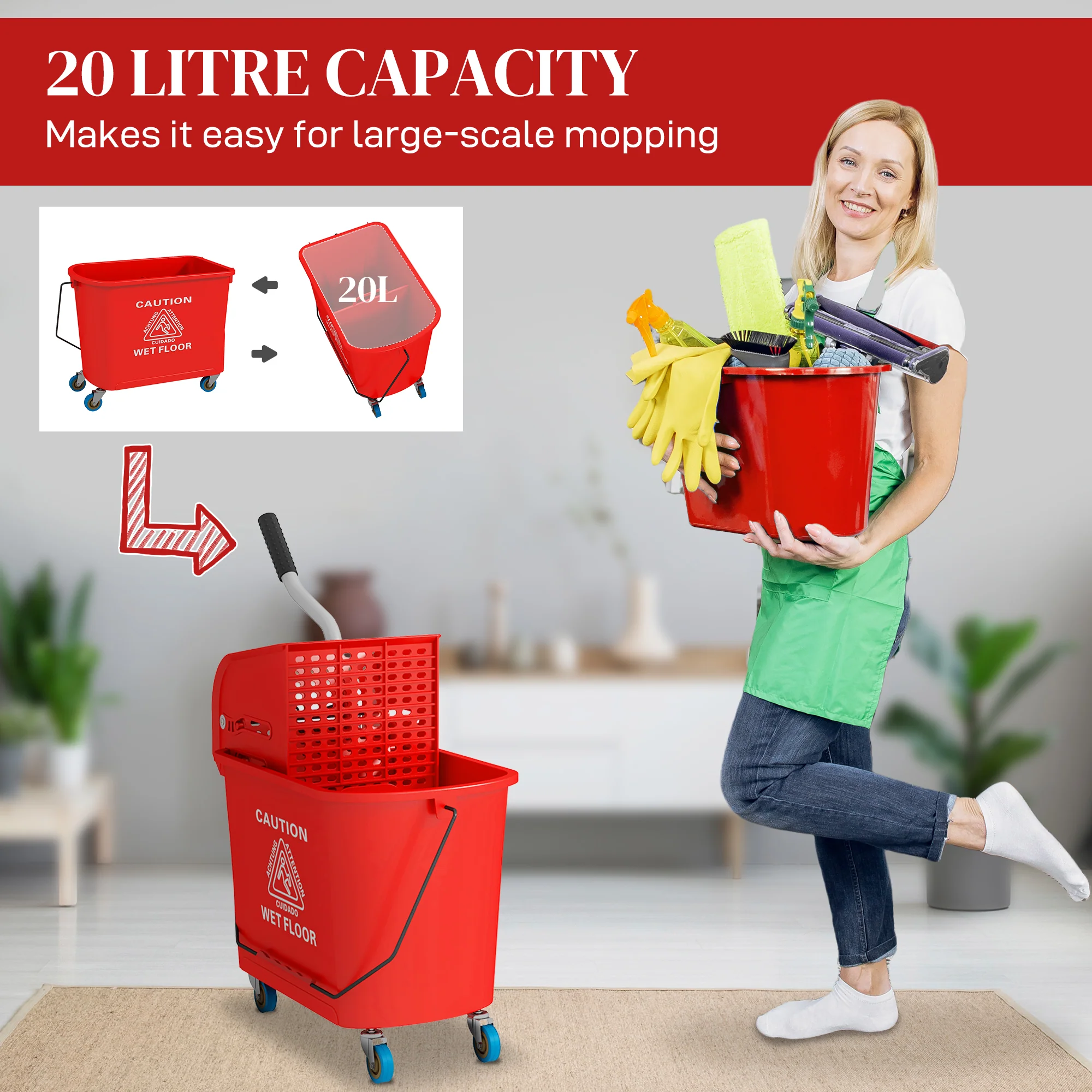 HOMCOM 20L Mop Bucket With Wringer Handle On Wheels For Floor Cleaning - Image 12