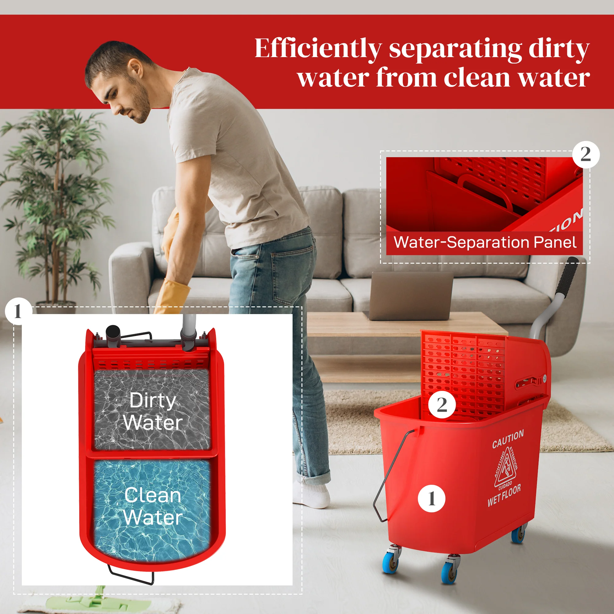 HOMCOM 20L Mop Bucket With Wringer Handle On Wheels For Floor Cleaning - Image 13