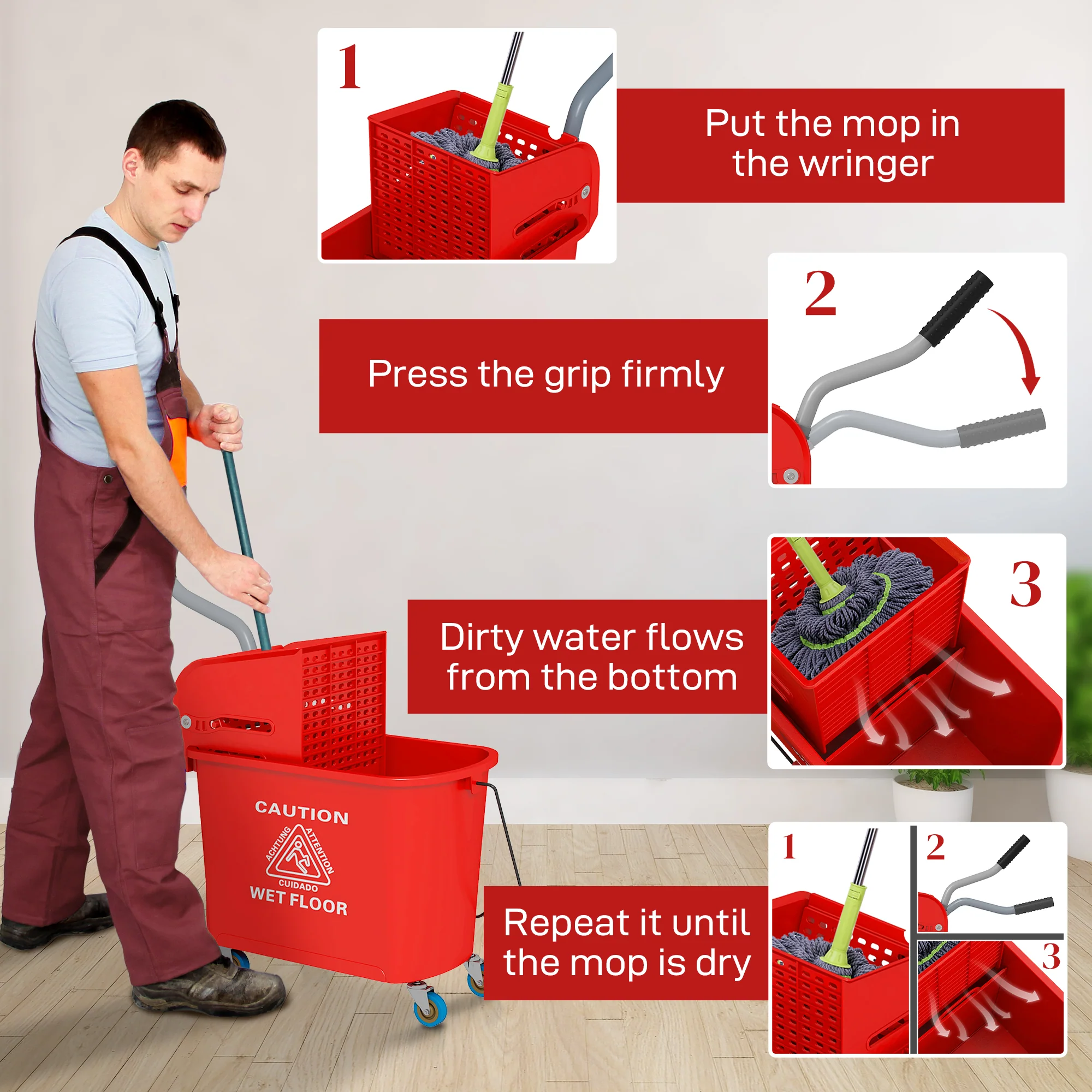 HOMCOM 20L Mop Bucket With Wringer Handle On Wheels For Floor Cleaning - Image 15