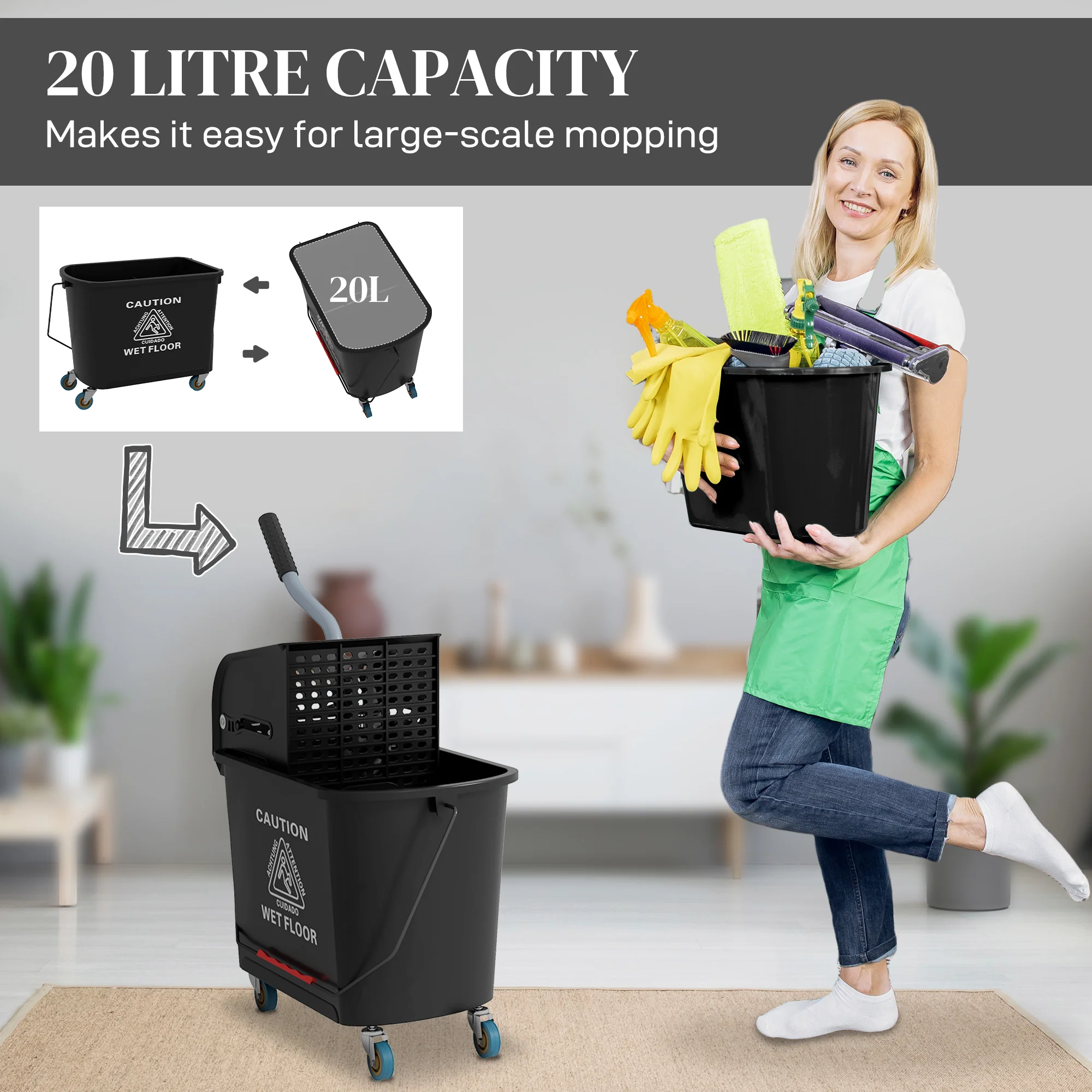 HOMCOM 20L Mop Bucket With Wringer Handle On Wheels For Floor Cleaning - Image 3