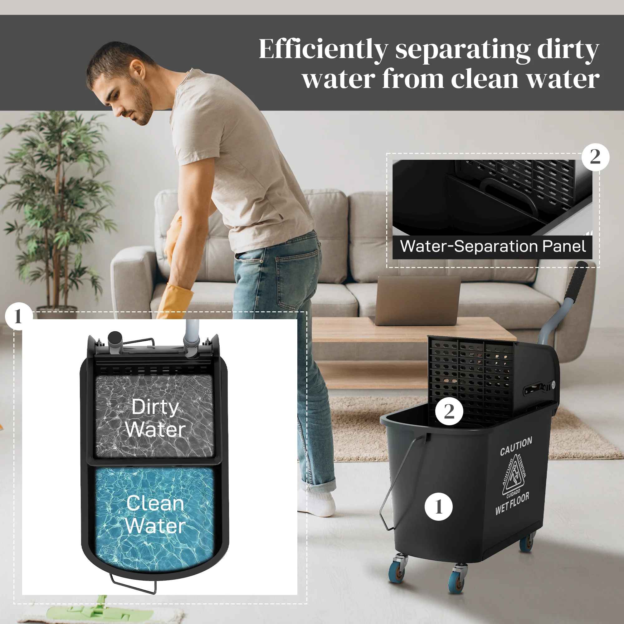 HOMCOM 20L Mop Bucket With Wringer Handle On Wheels For Floor Cleaning - Image 4