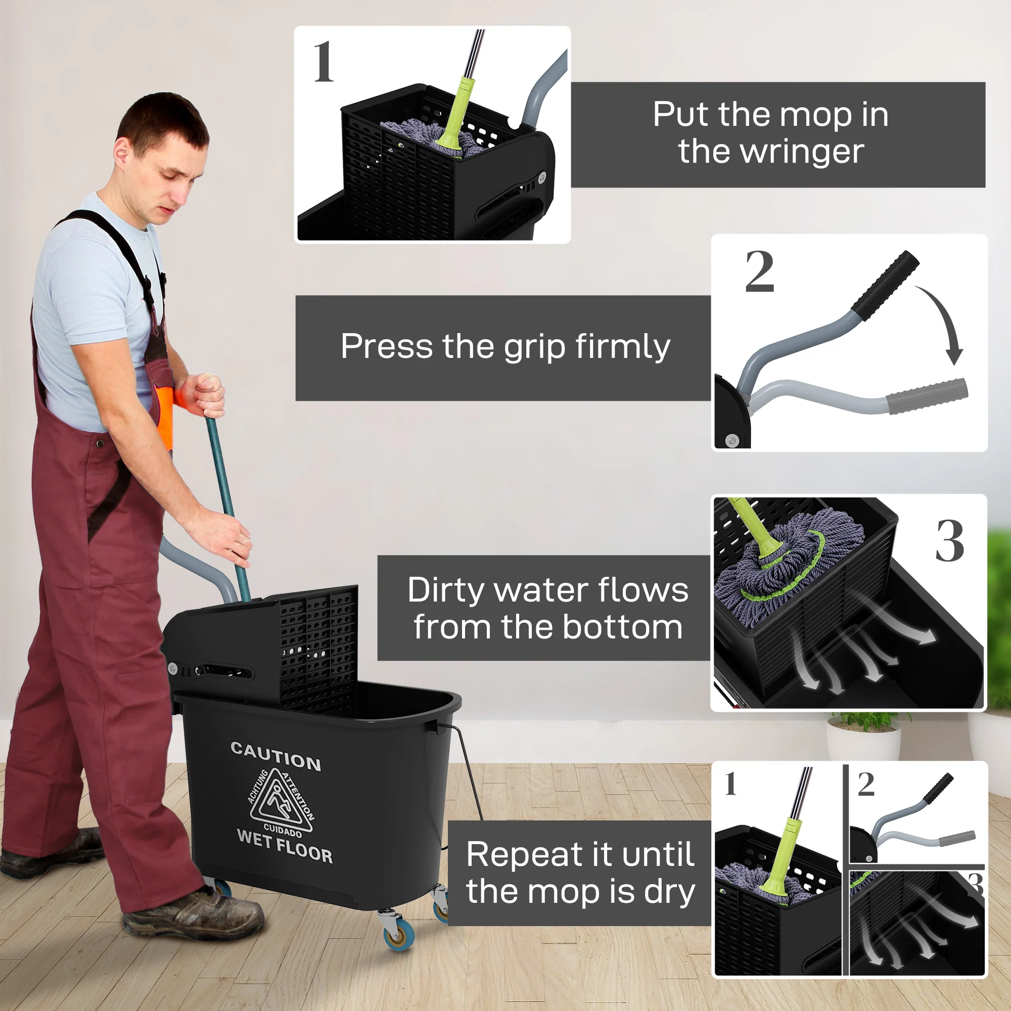 HOMCOM 20L Mop Bucket With Wringer Handle On Wheels For Floor Cleaning - Image 6