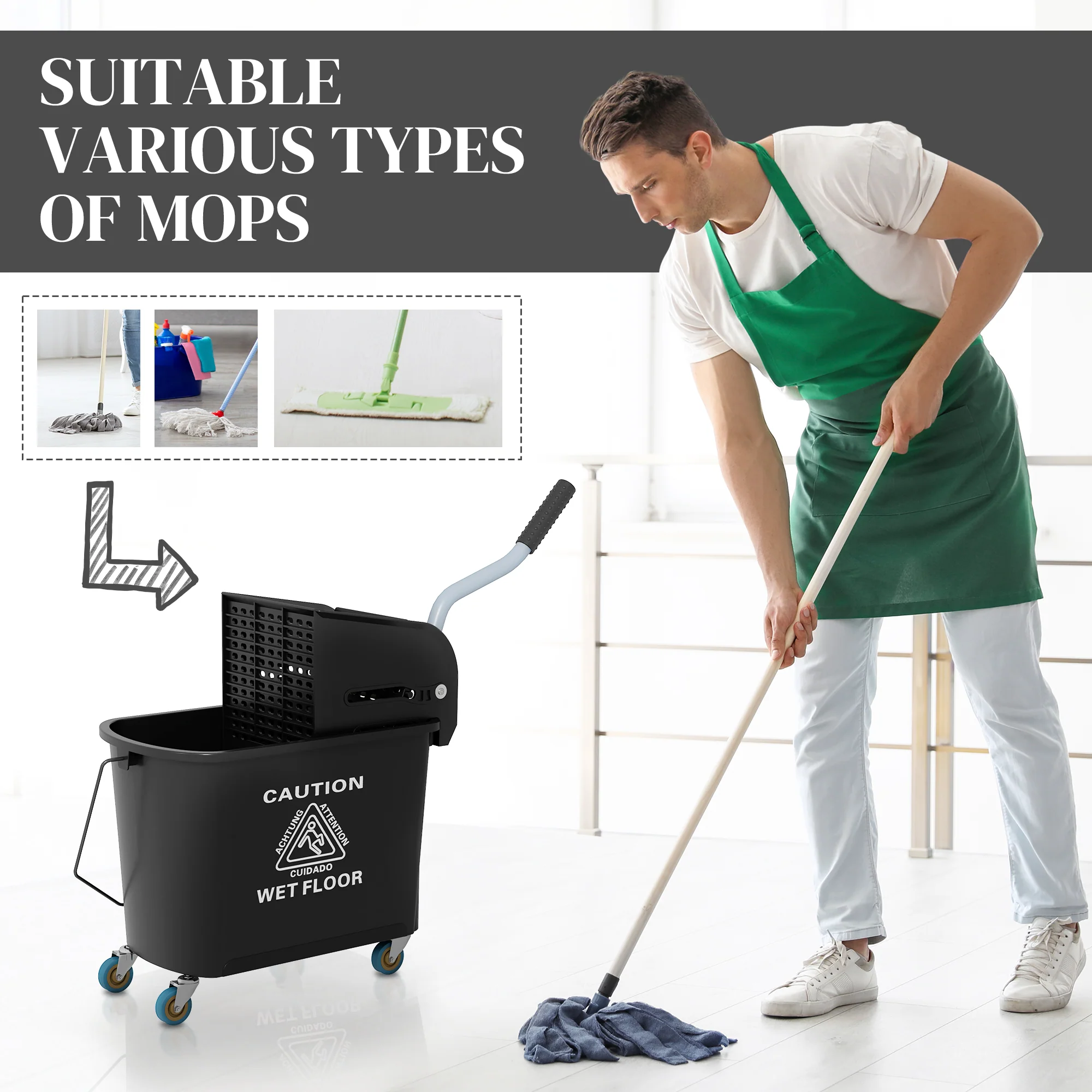 HOMCOM 20L Mop Bucket With Wringer Handle On Wheels For Floor Cleaning - Image 7