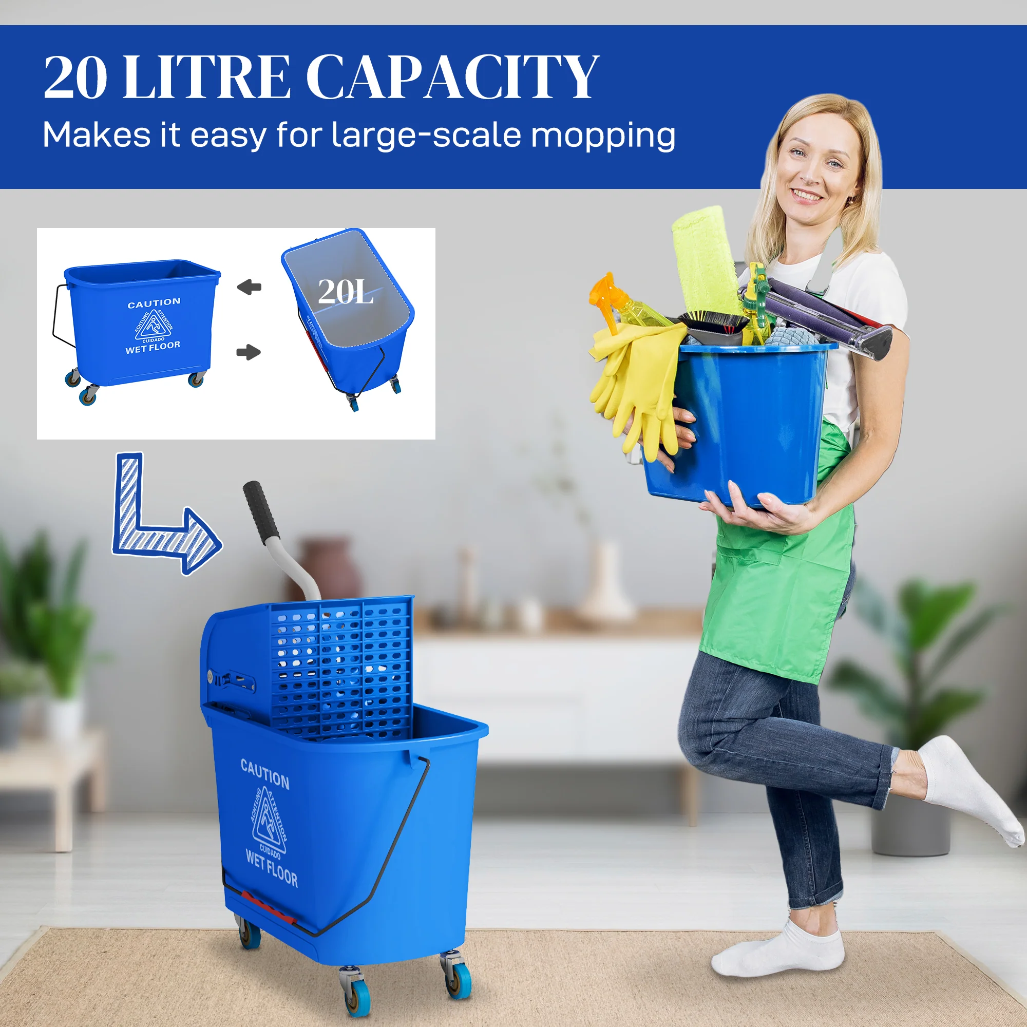 HOMCOM 20L Mop Bucket With Wringer Handle On Wheels For Floor Cleaning Blue - Image 3