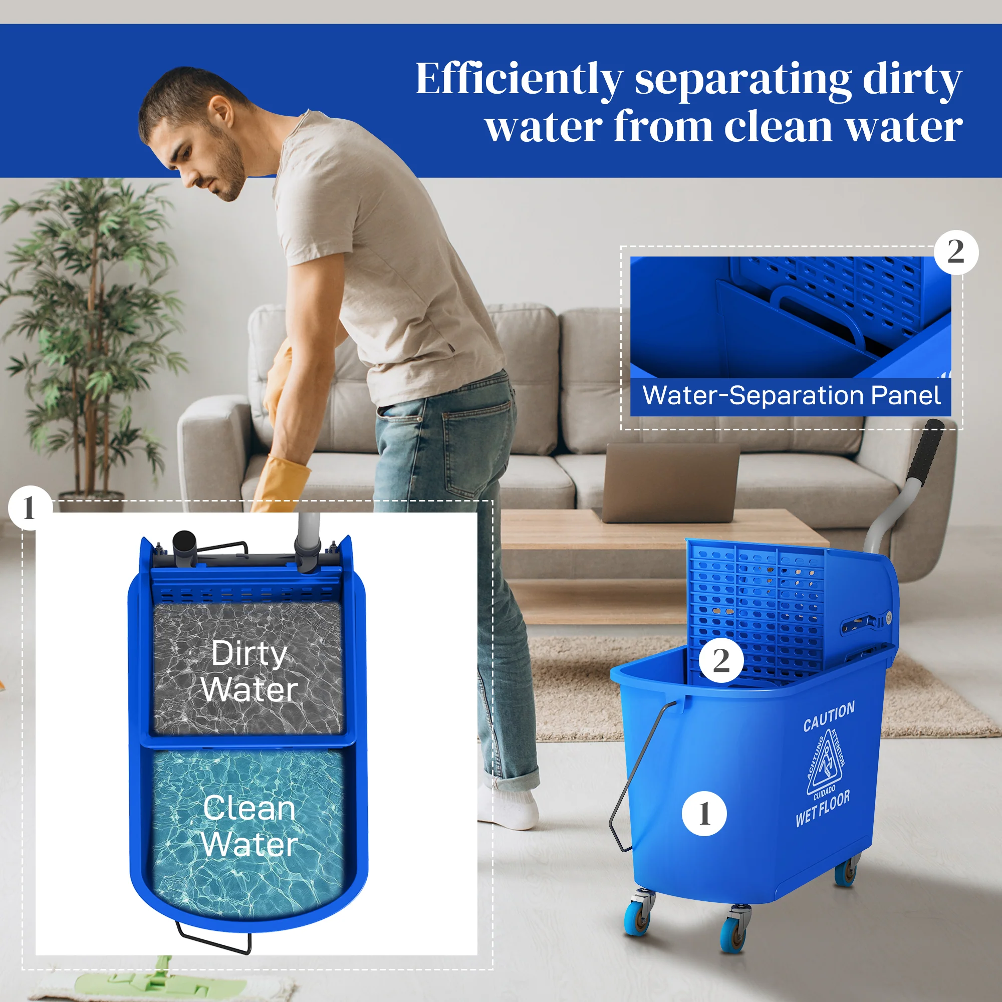 HOMCOM 20L Mop Bucket With Wringer Handle On Wheels For Floor Cleaning Blue - Image 4