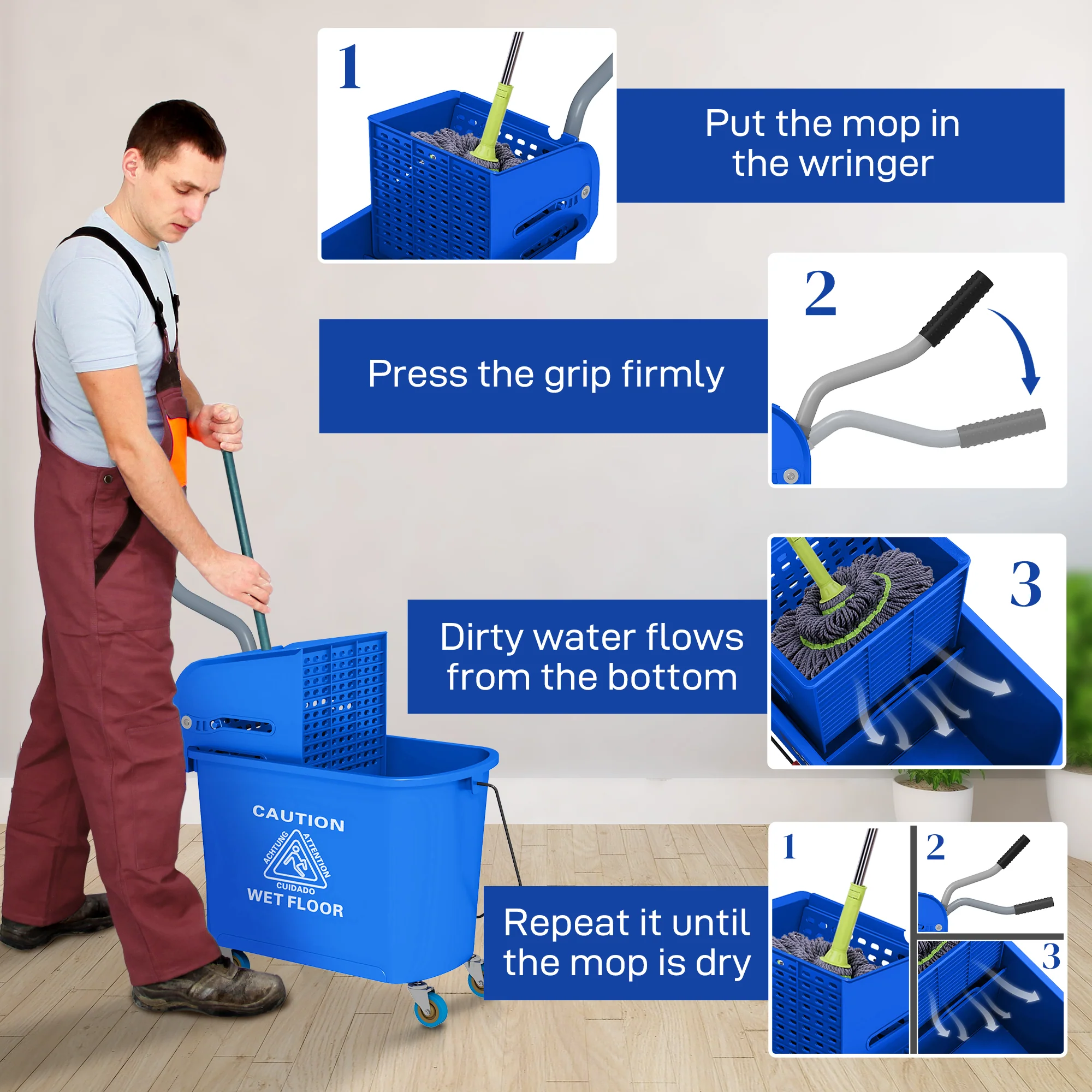 HOMCOM 20L Mop Bucket With Wringer Handle On Wheels For Floor Cleaning Blue - Image 6