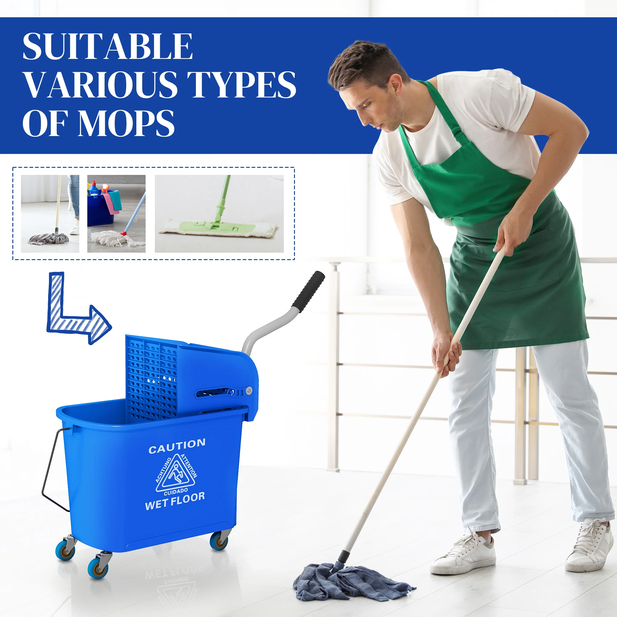 HOMCOM 20L Mop Bucket With Wringer Handle On Wheels For Floor Cleaning Blue - Image 7
