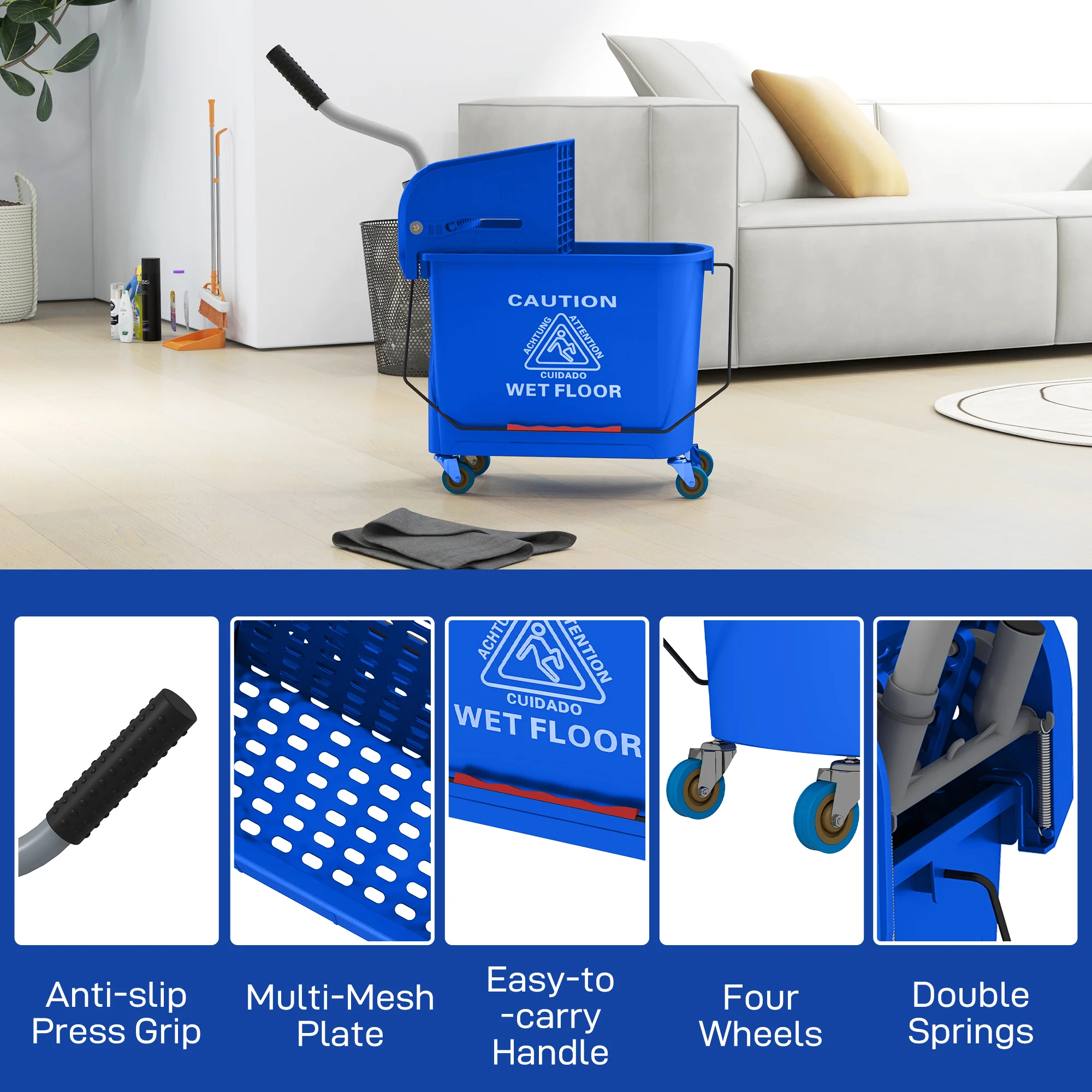 HOMCOM 20L Mop Bucket With Wringer Handle On Wheels For Floor Cleaning Blue - Image 8