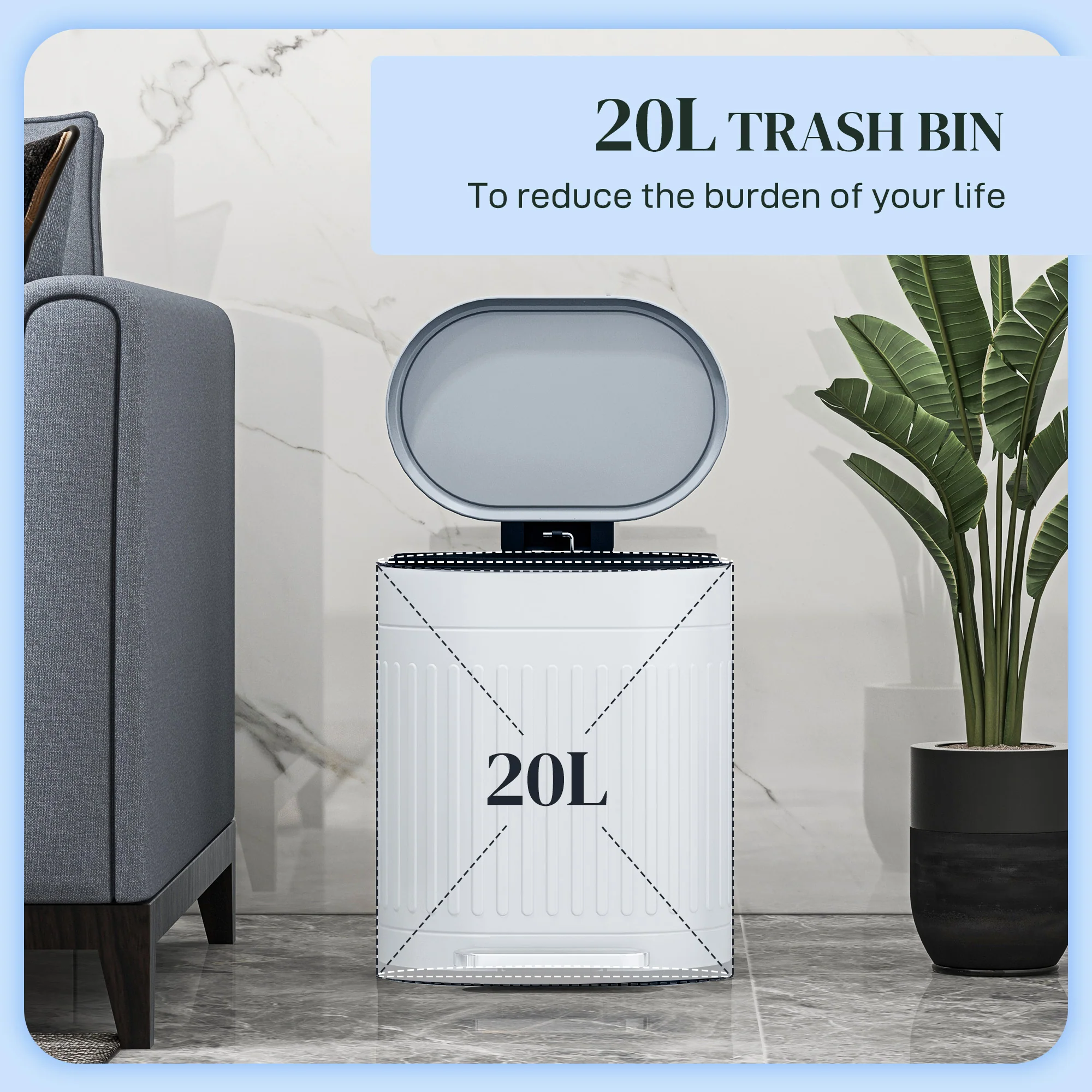 HOMCOM 20L Pedal Bin, Metal Kitchen Bin With Soft-close Lid, Grey - Image 3