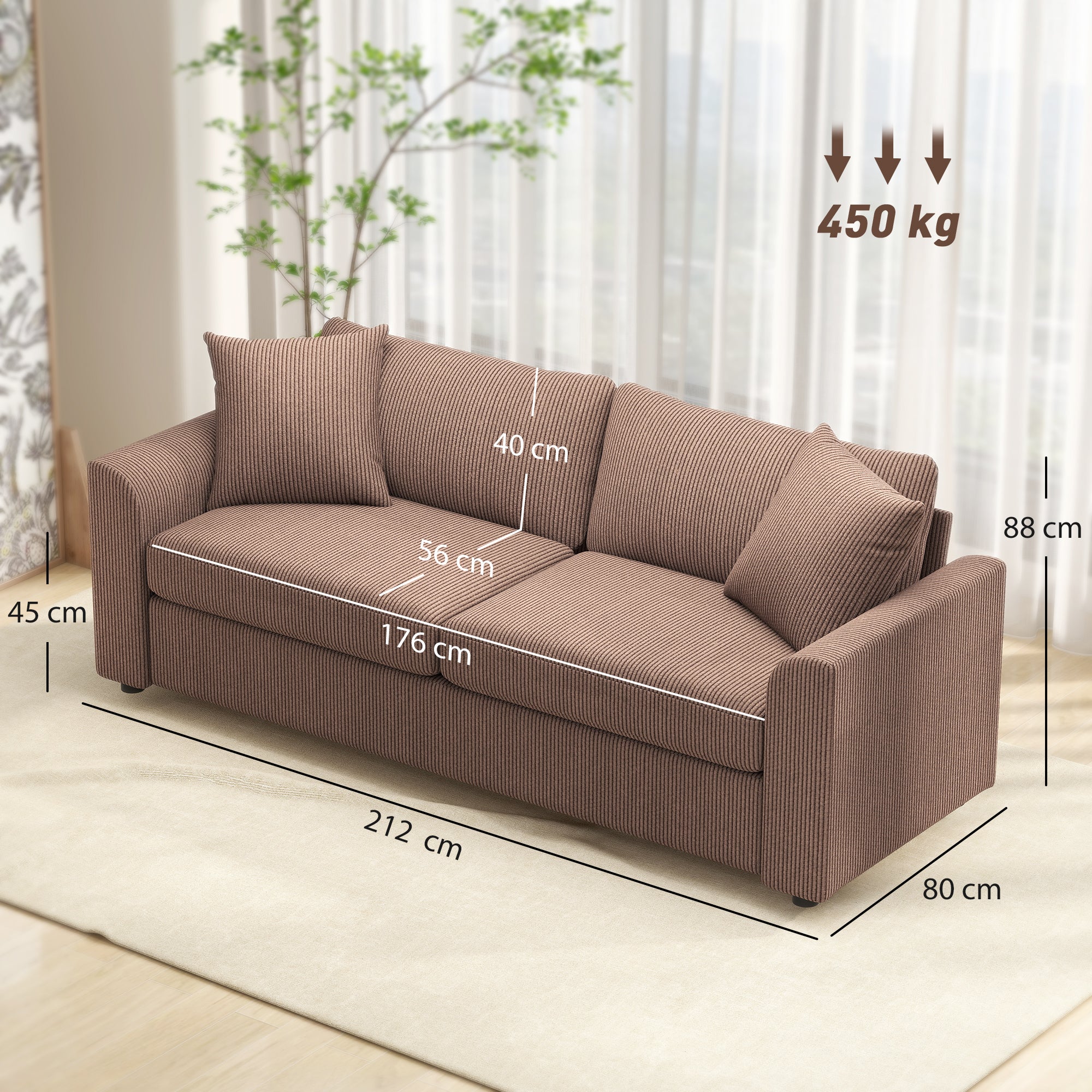 HOMCOM 212 Cm Upholstered Jumbo Cord Sofa Couch With Spring Cushion - Image 5