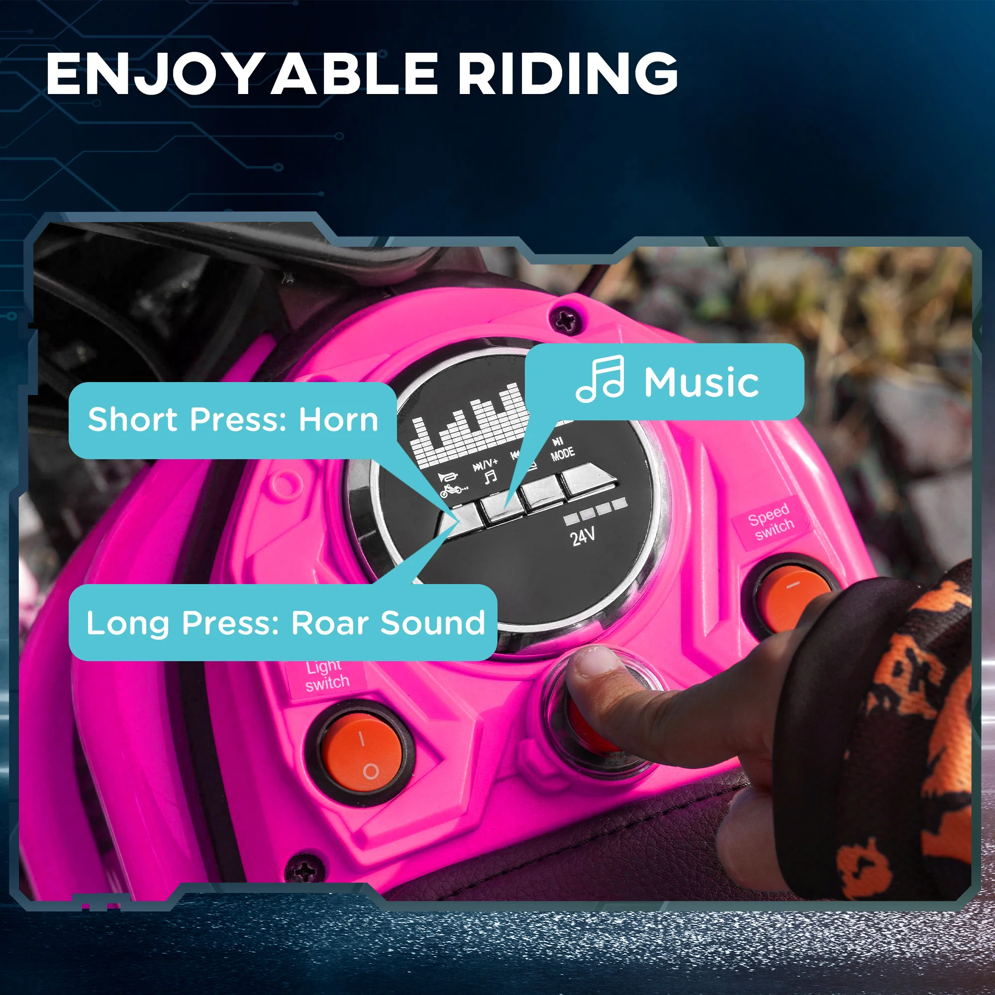 HOMCOM 24V Kids Electric Motorbike With Twist Grip Throttle, Music, Horn - Pink - Image 7