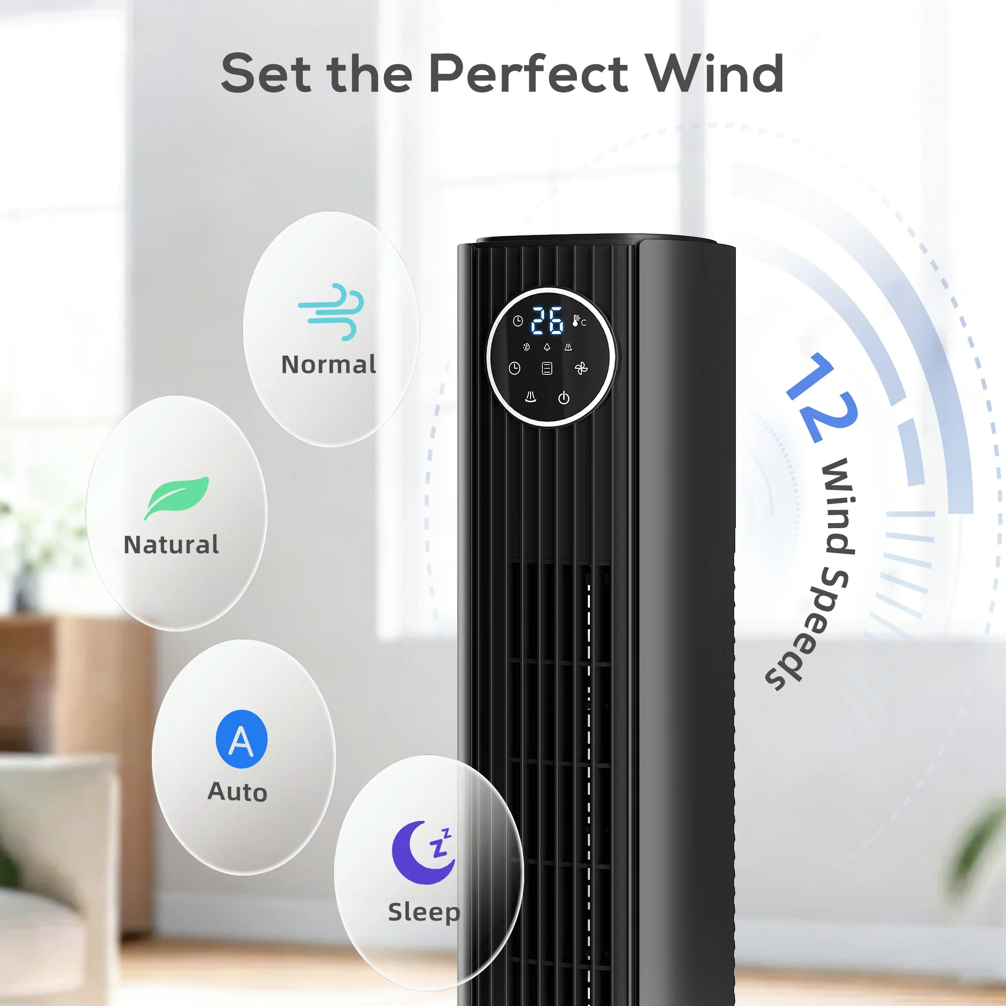 HOMCOM 28dB Tower Fan For Bedroom, 26 Ft/s Velocity Standing Fan, Black - Image 7