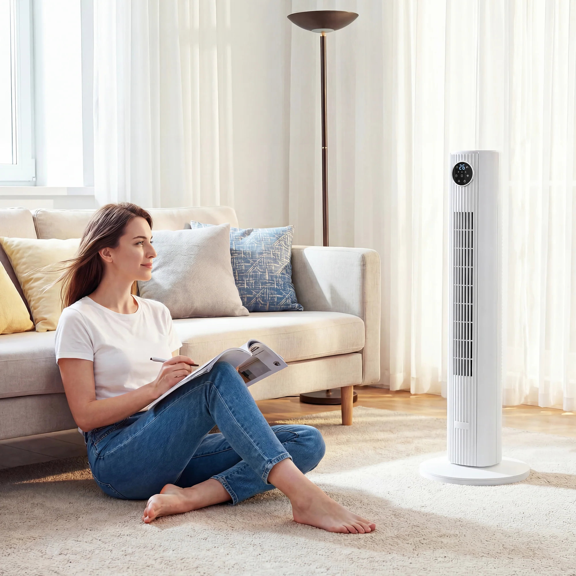 HOMCOM 28dB Tower Fan For Bedroom, 26 Ft/s Velocity Standing Fan, White - Image 2