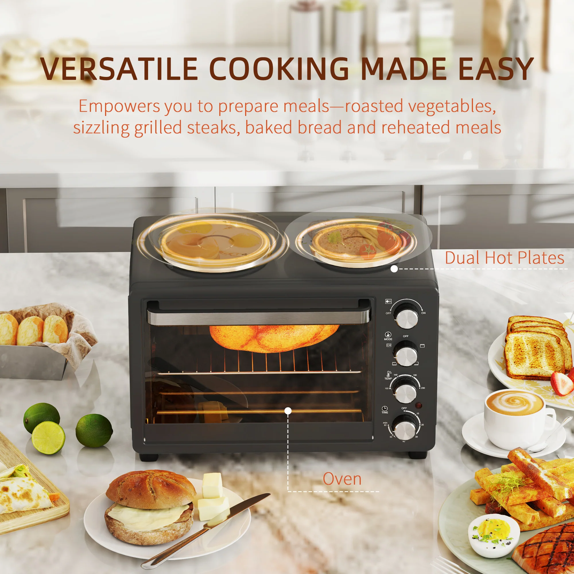 HOMCOM 28L Countertop Toaster Oven With 2 Hot Plates, Grill, Roast, Bake - Image 3