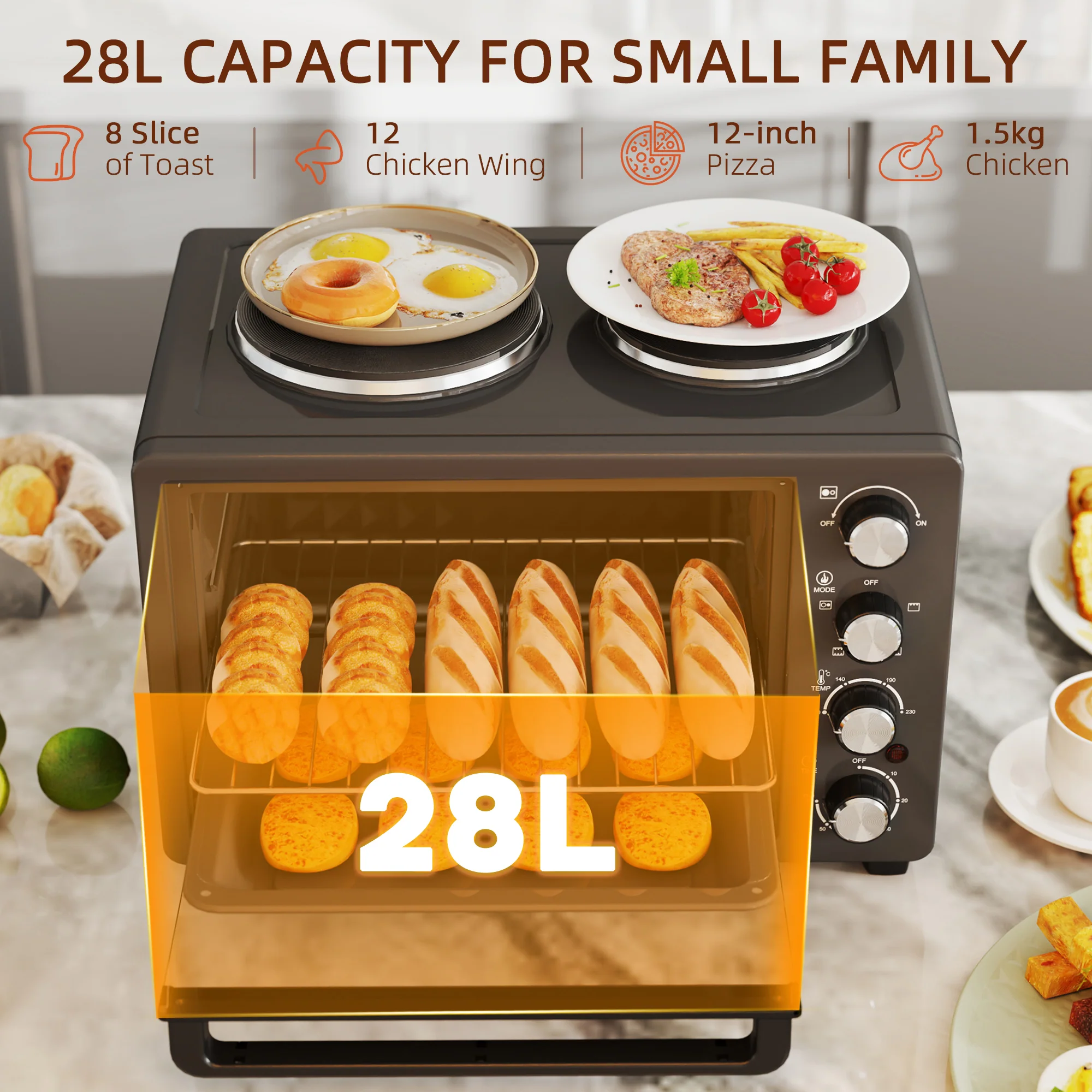 HOMCOM 28L Countertop Toaster Oven With 2 Hot Plates, Grill, Roast, Bake - Image 4
