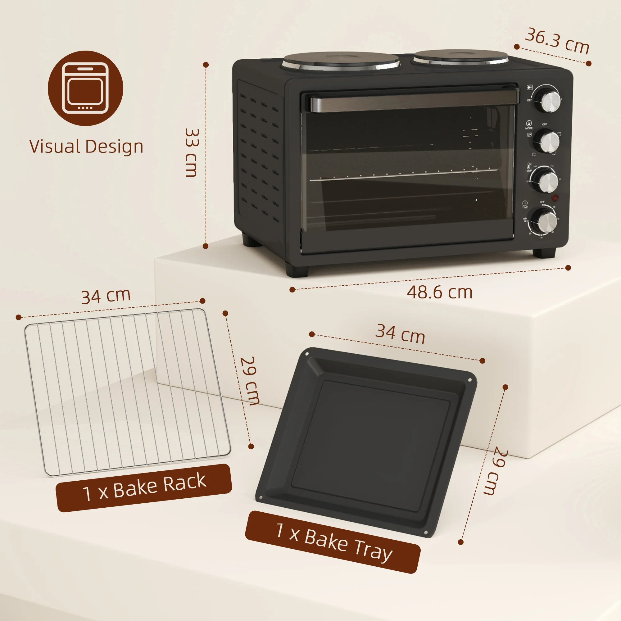 HOMCOM 28L Countertop Toaster Oven With 2 Hot Plates, Grill, Roast, Bake - Image 5