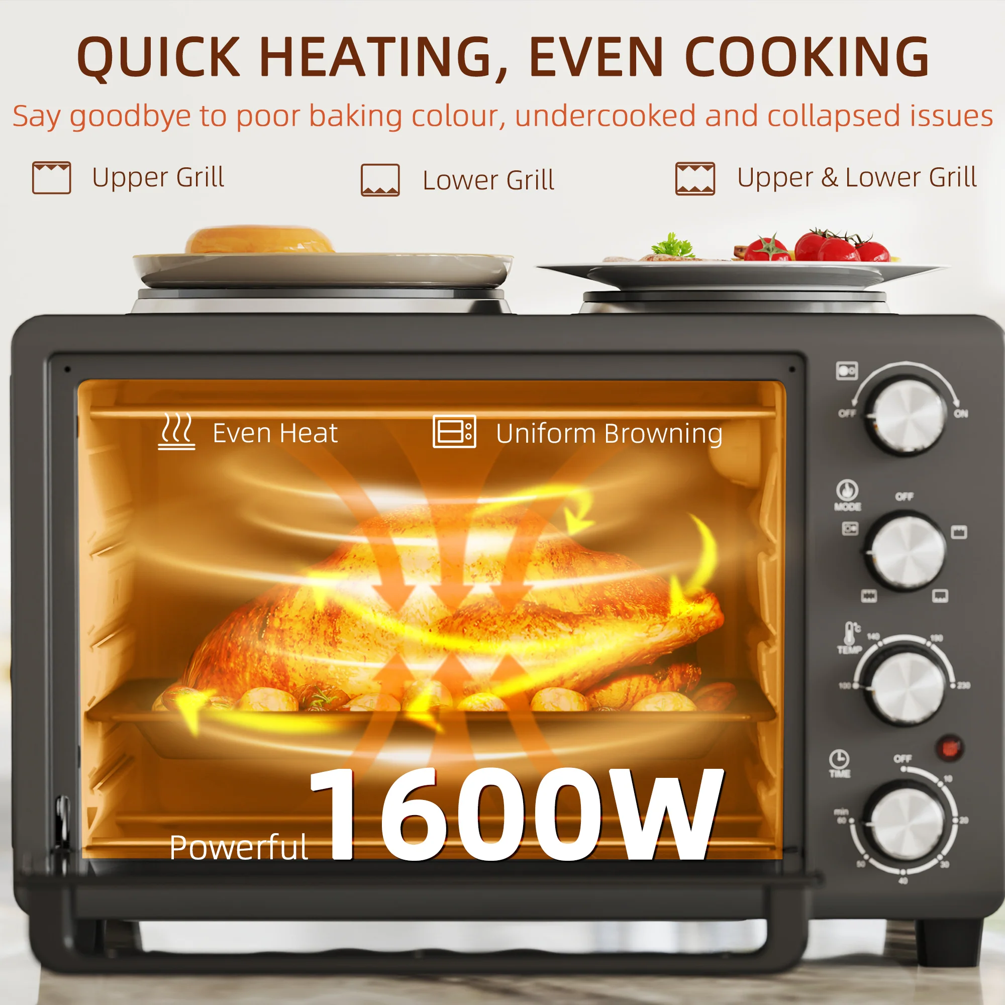 HOMCOM 28L Countertop Toaster Oven With 2 Hot Plates, Grill, Roast, Bake - Image 7