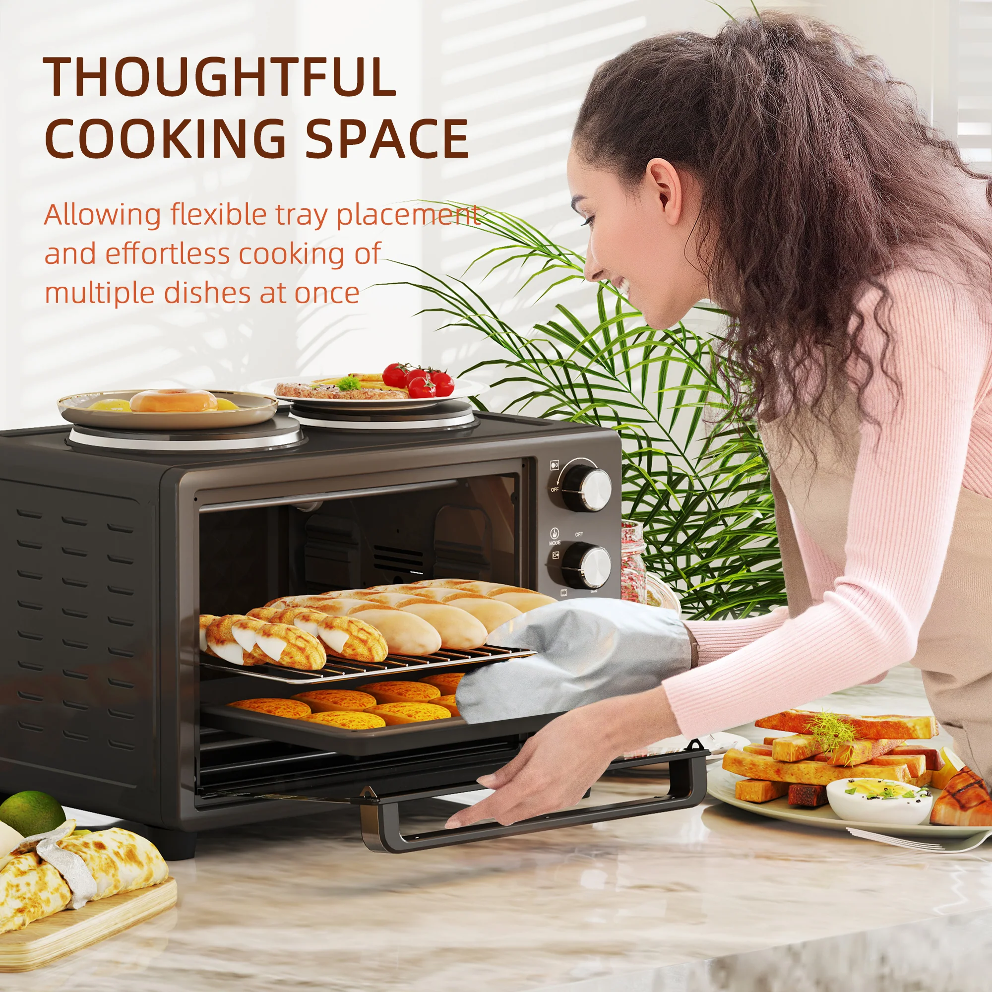 HOMCOM 28L Countertop Toaster Oven With 2 Hot Plates, Grill, Roast, Bake - Image 8