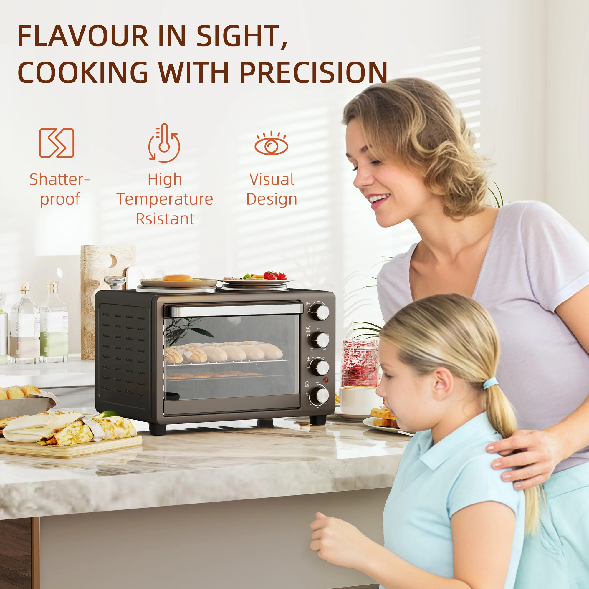 HOMCOM 28L Countertop Toaster Oven With 2 Hot Plates, Grill, Roast, Bake - Image 9