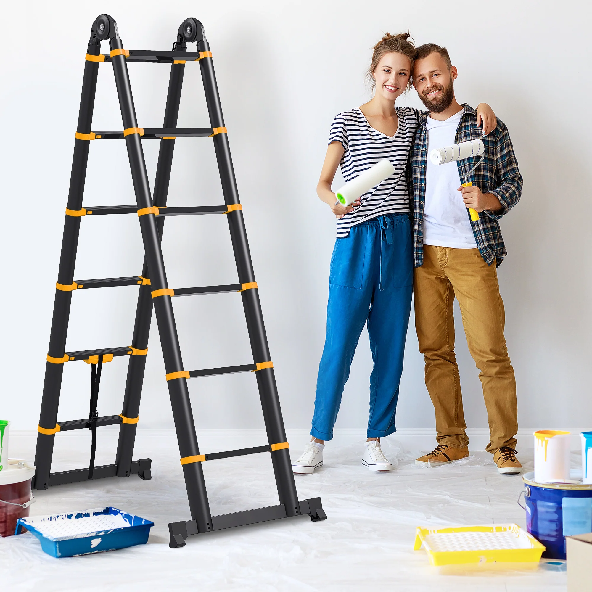 HOMCOM 3.8M Duo Aluminium Ladder Tool Holder Herringbone Deployed, Yellow - Image 2