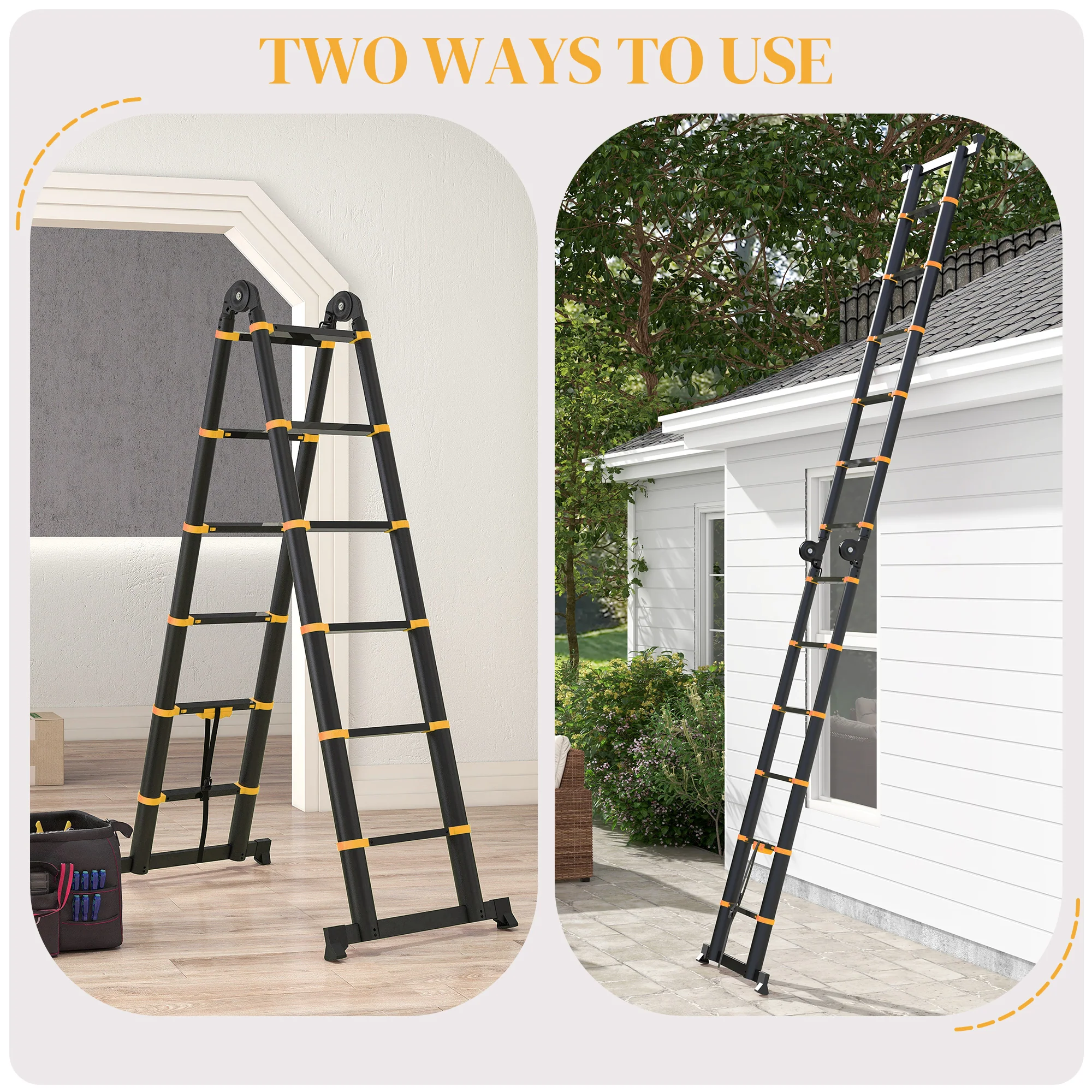 HOMCOM 3.8M Duo Aluminium Ladder Tool Holder Herringbone Deployed, Yellow - Image 3