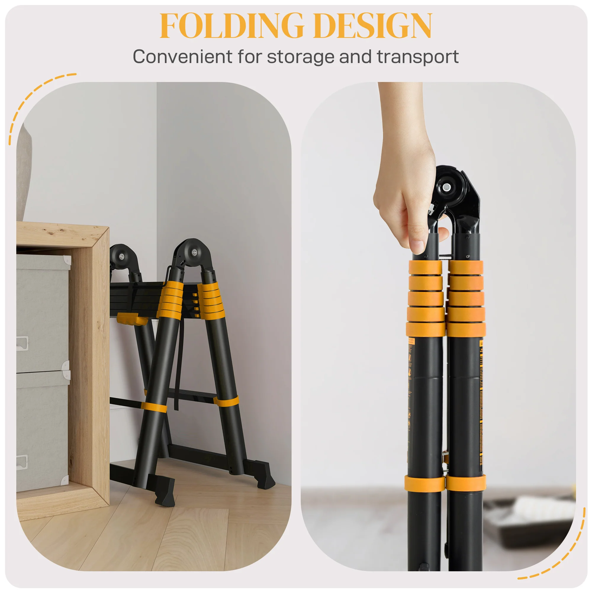HOMCOM 3.8M Duo Aluminium Ladder Tool Holder Herringbone Deployed, Yellow - Image 4