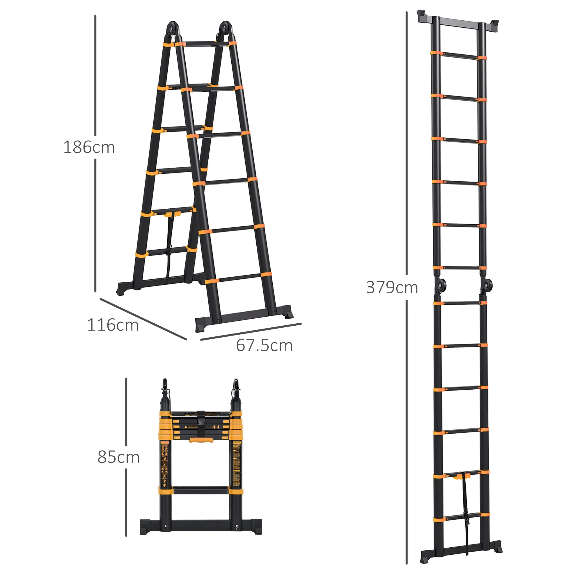 HOMCOM 3.8M Duo Aluminium Ladder Tool Holder Herringbone Deployed, Yellow - Image 5