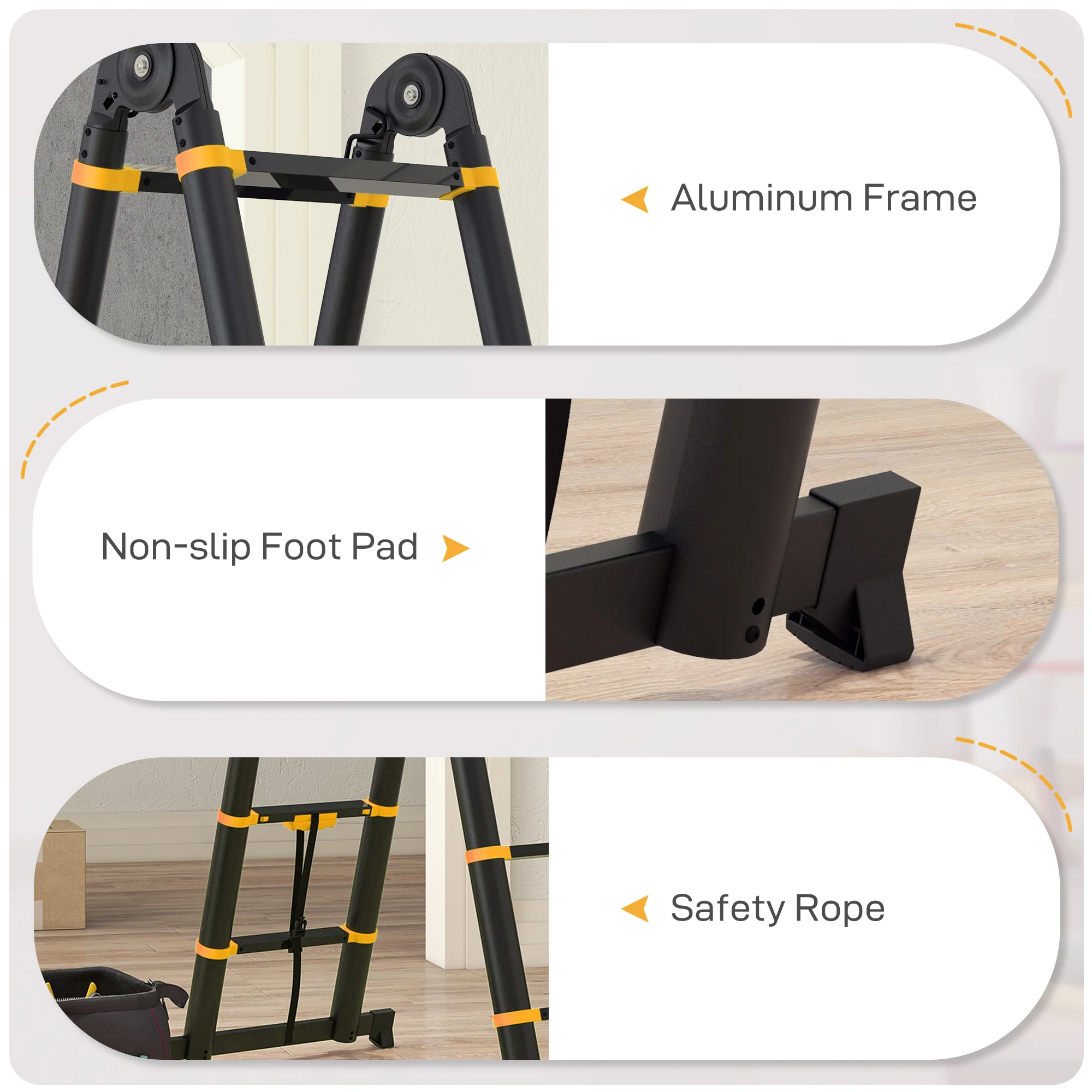 HOMCOM 3.8M Duo Aluminium Ladder Tool Holder Herringbone Deployed, Yellow - Image 6