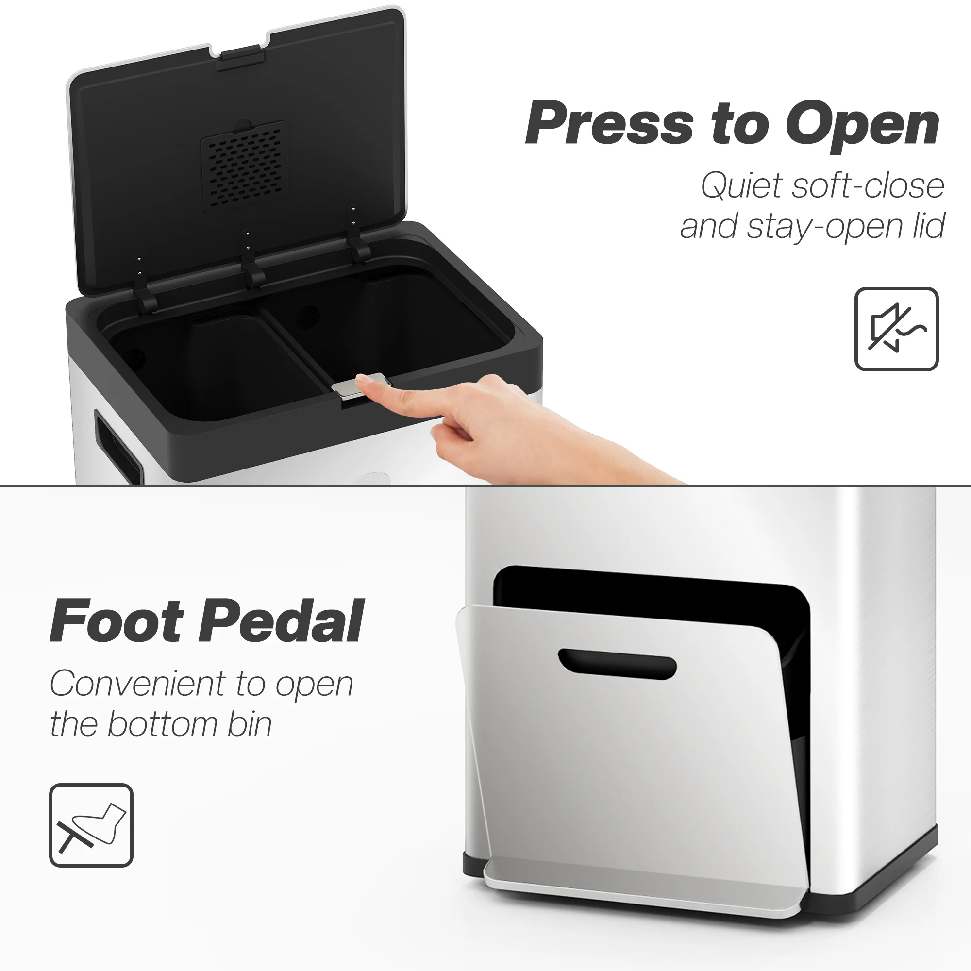 HOMCOM 3 Compartment Kitchen Bin, 56L Stainless Steel Pedal Bin with Wheels - Image 7