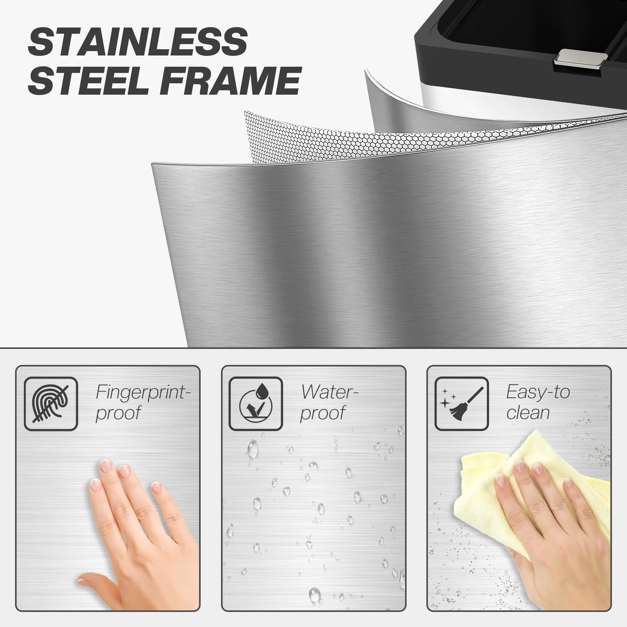 HOMCOM 3 Compartment Kitchen Bin, 56L Stainless Steel Pedal Bin with Wheels - Image 8