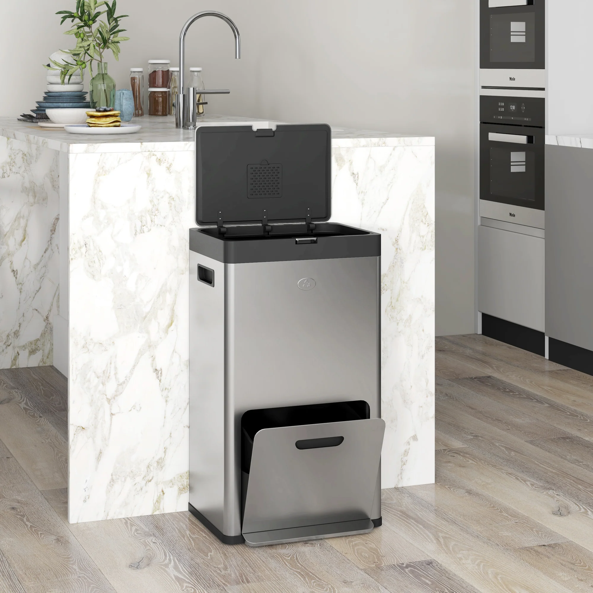 HOMCOM 3 Compartment Kitchen Bin, 56L Stainless Steel Pedal Bin with Wheels - Image 9