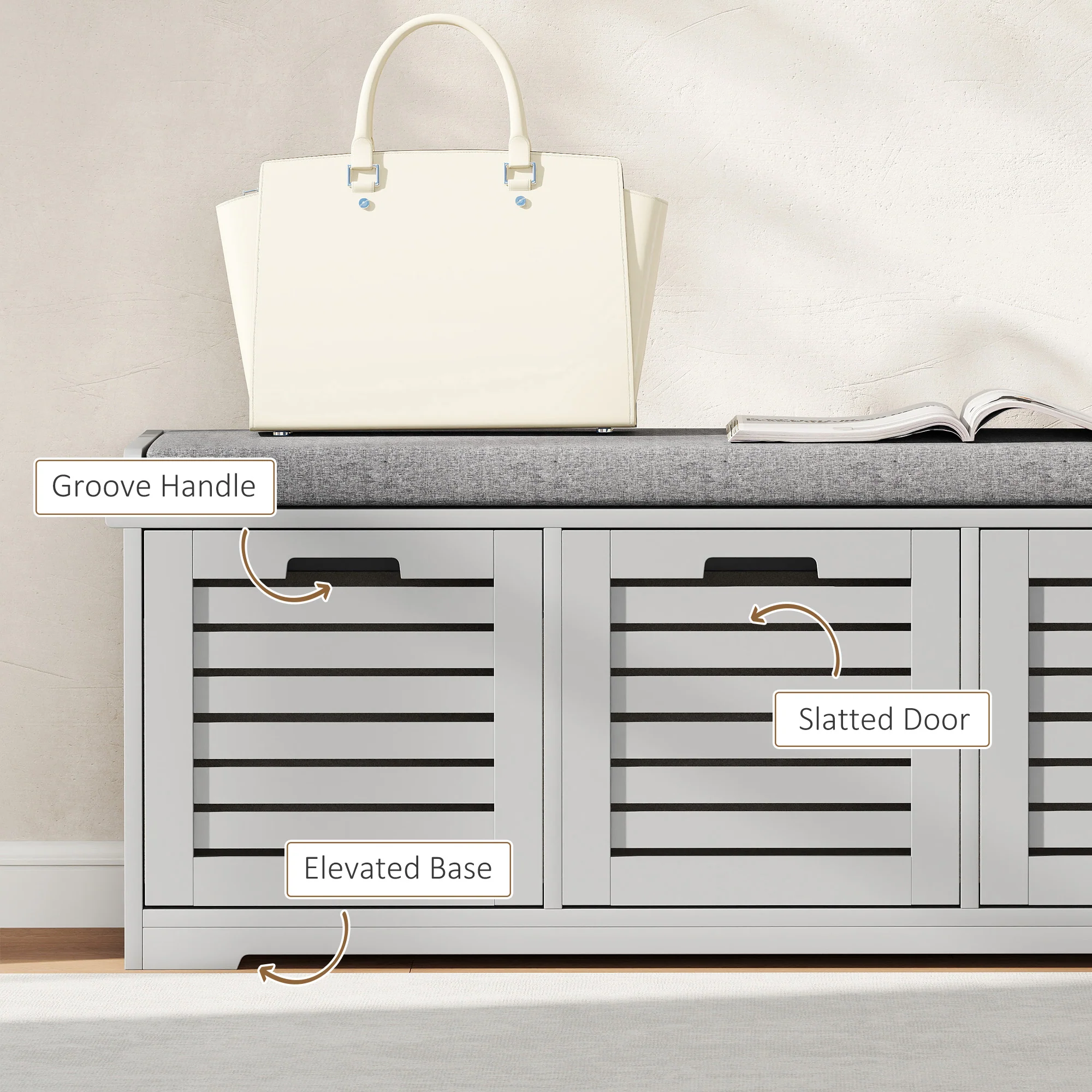 HOMCOM 3-Door Shoe Storage Bench Cushion Seat Slatted Doors - Image 15