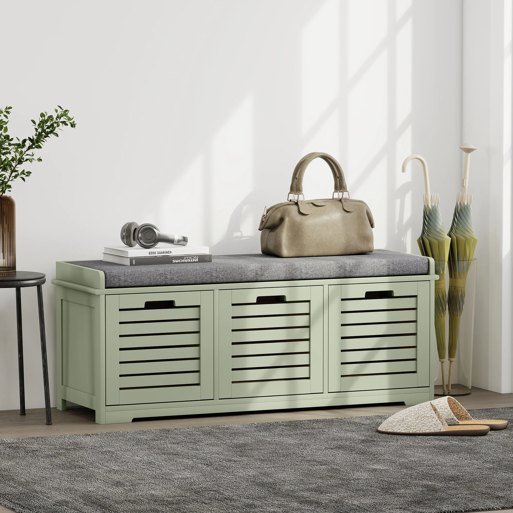 HOMCOM 3-Door Shoe Storage Bench Cushion Seat Slatted Doors - Image 2