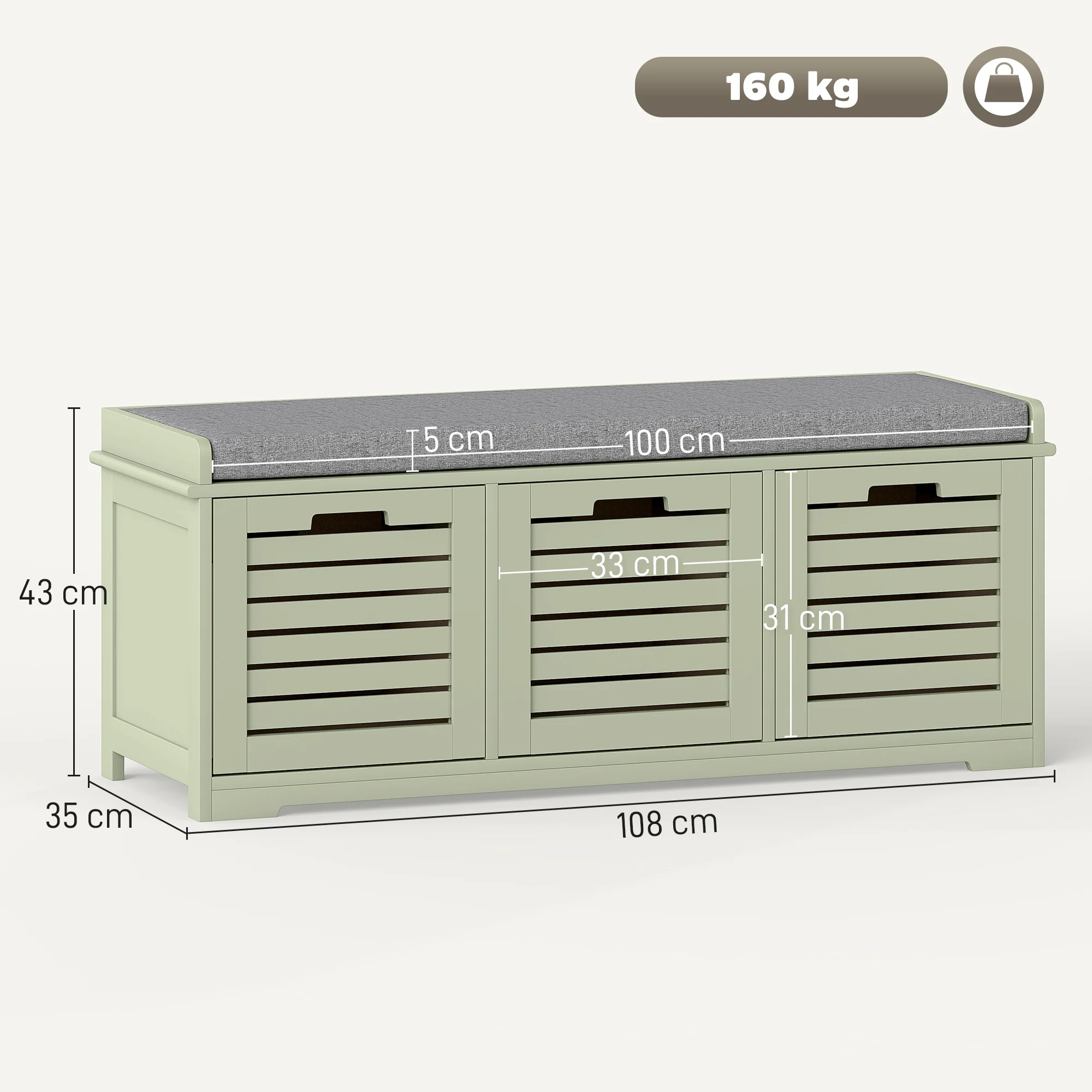 HOMCOM 3-Door Shoe Storage Bench Cushion Seat Slatted Doors - Image 3