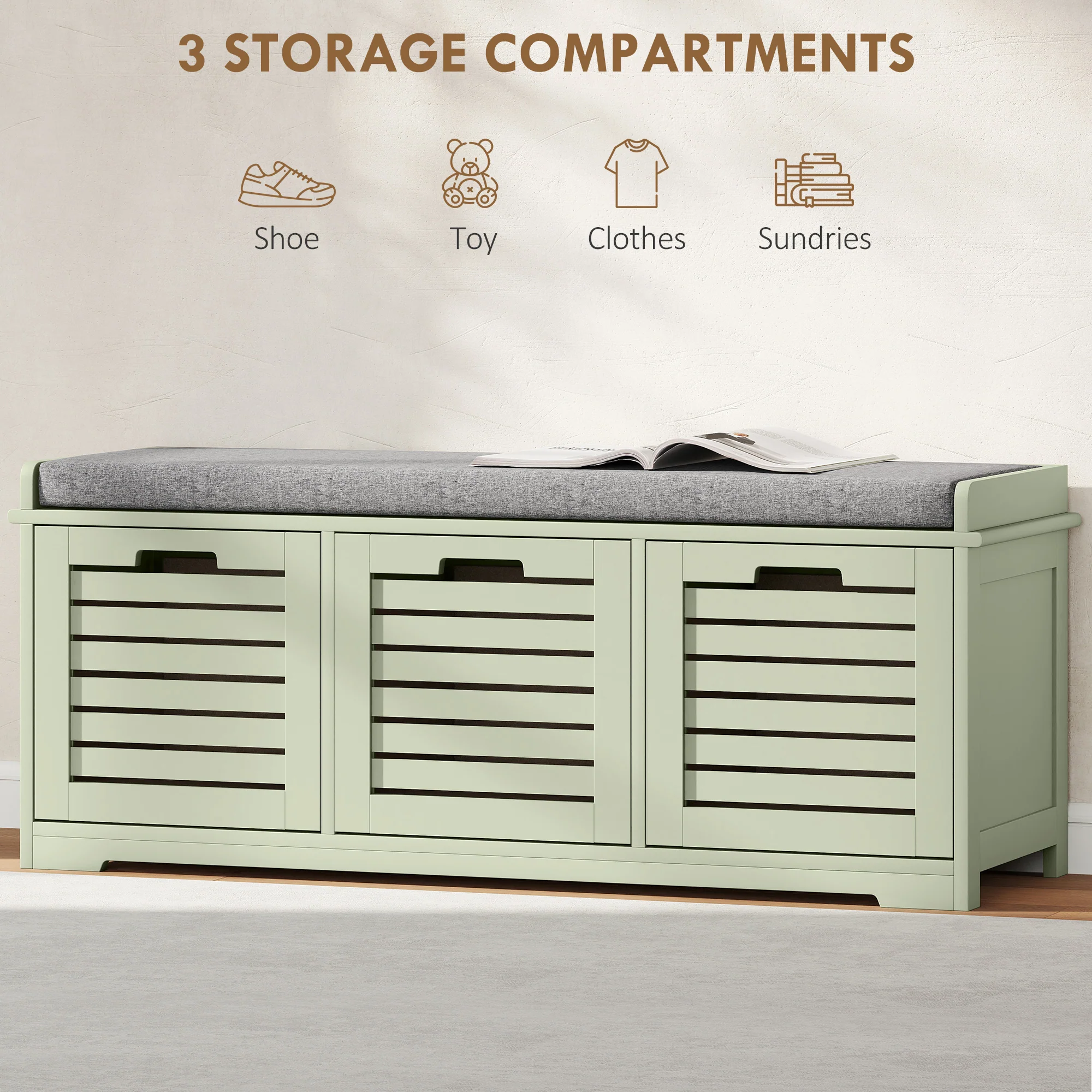 HOMCOM 3-Door Shoe Storage Bench Cushion Seat Slatted Doors - Image 4