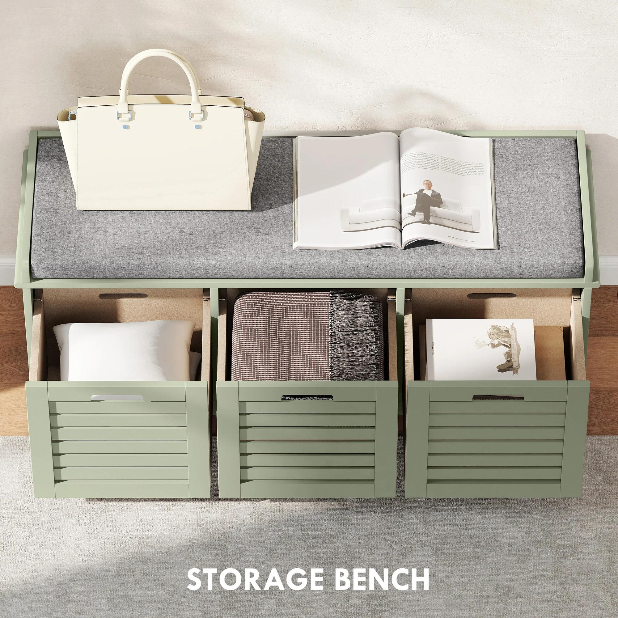 HOMCOM 3-Door Shoe Storage Bench Cushion Seat Slatted Doors - Image 7
