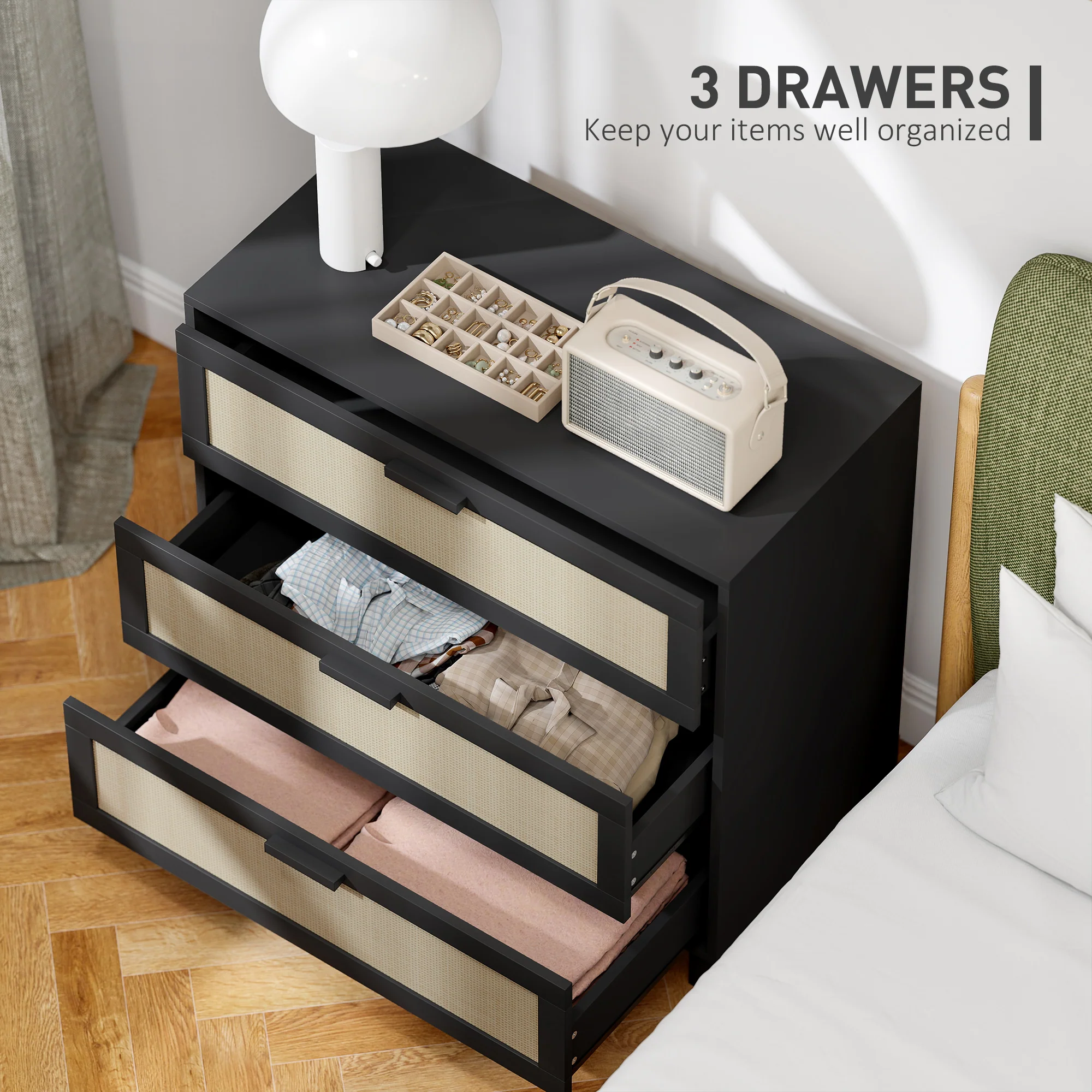 HOMCOM 3 Drawer Cabinet Storage Cupboard Sideboard Organiser, Black - Image 4