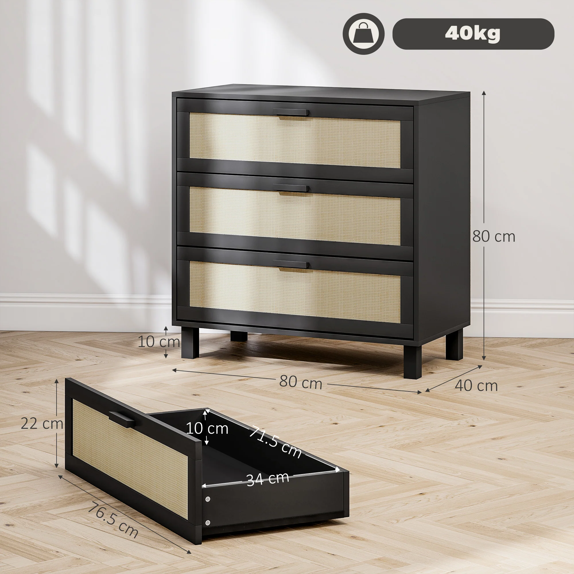 HOMCOM 3 Drawer Cabinet Storage Cupboard Sideboard Organiser, Black - Image 5