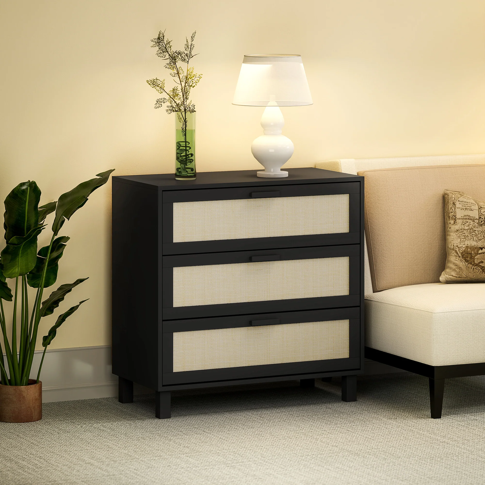 HOMCOM 3 Drawer Cabinet Storage Cupboard Sideboard Organiser, Black - Image 8
